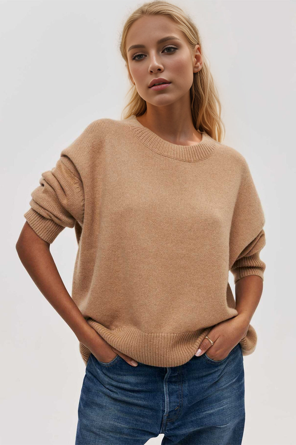 Basic Bae Round Neck Dropped Shoulder Long Sleeve Sweater-TOPS / DRESSES-[Adult]-[Female]-Camel-One Size-2022 Online Blue Zone Planet