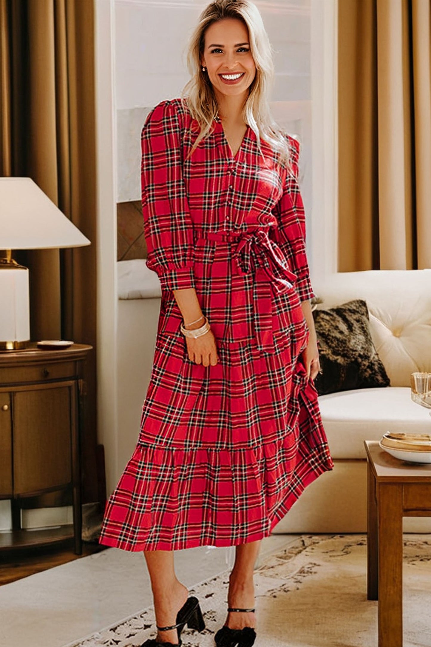 Red Christmas Plaid V Neck 3/4 Sleeve Tie Waist Ruffle Hem Long Dress-TOPS / DRESSES-[Adult]-[Female]-2022 Online Blue Zone Planet