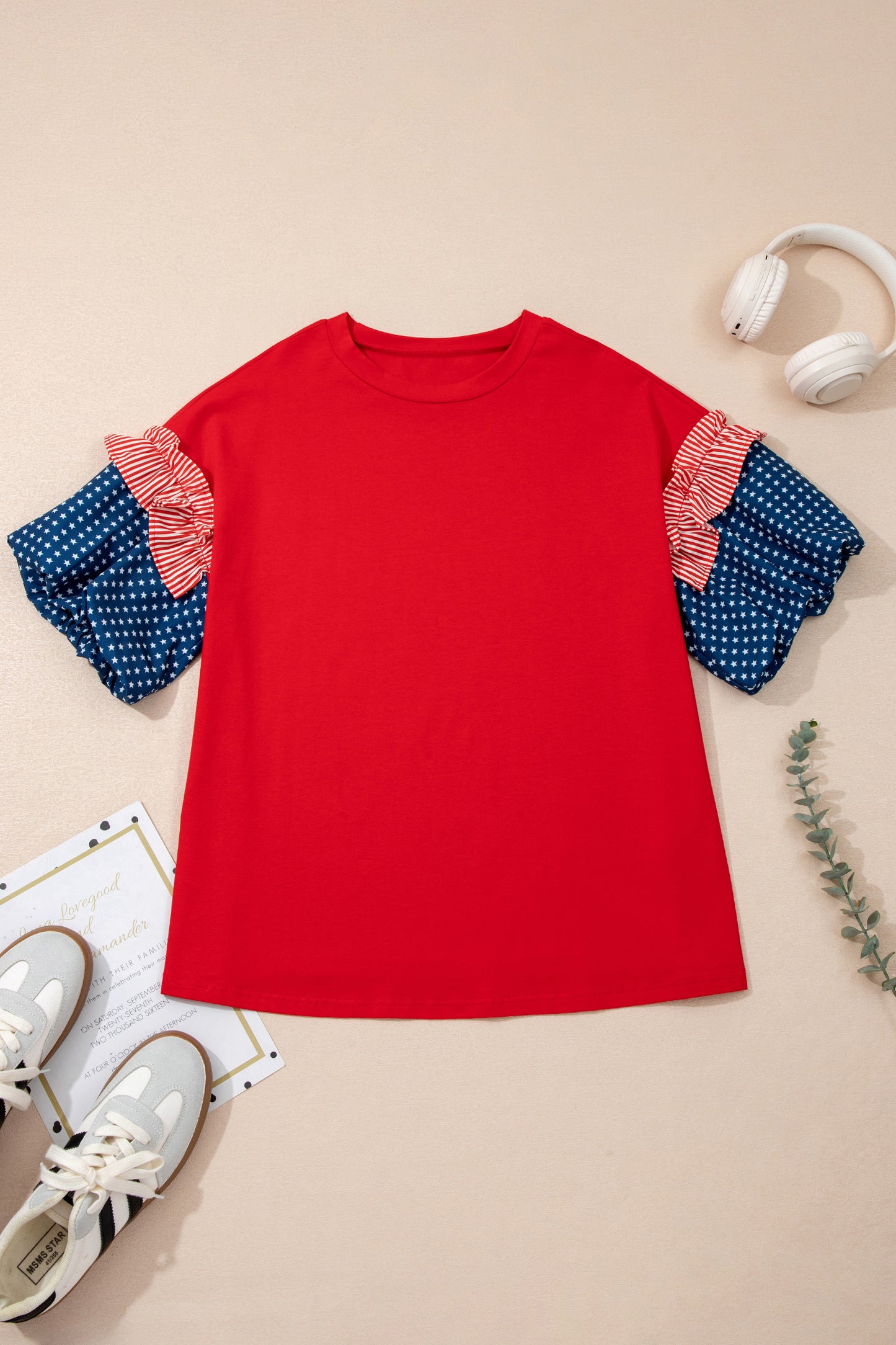 Fiery Red Plus Size Striped Ruffles Star Short Bubble Sleeve Patchwork Top-Plus Size/Plus Size Tops/Plus Size Tops & Tees-[Adult]-[Female]-2022 Online Blue Zone Planet