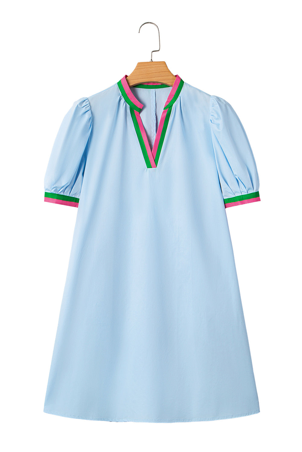 Myosotis Contrast Striped Notched V Neck Puff Sleeve Mini Dress-TOPS / DRESSES-[Adult]-[Female]-2022 Online Blue Zone Planet