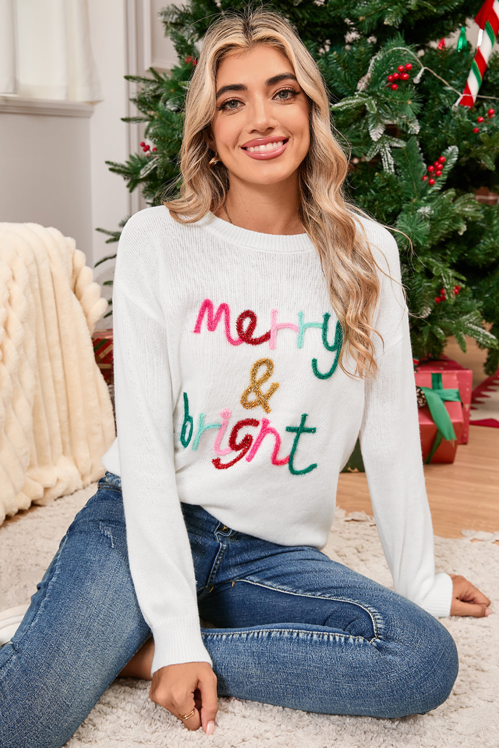 White Glitter Merry & Bright Round Neck Knit Sweater-Sweaters-[Adult]-[Female]-2022 Online Blue Zone Planet