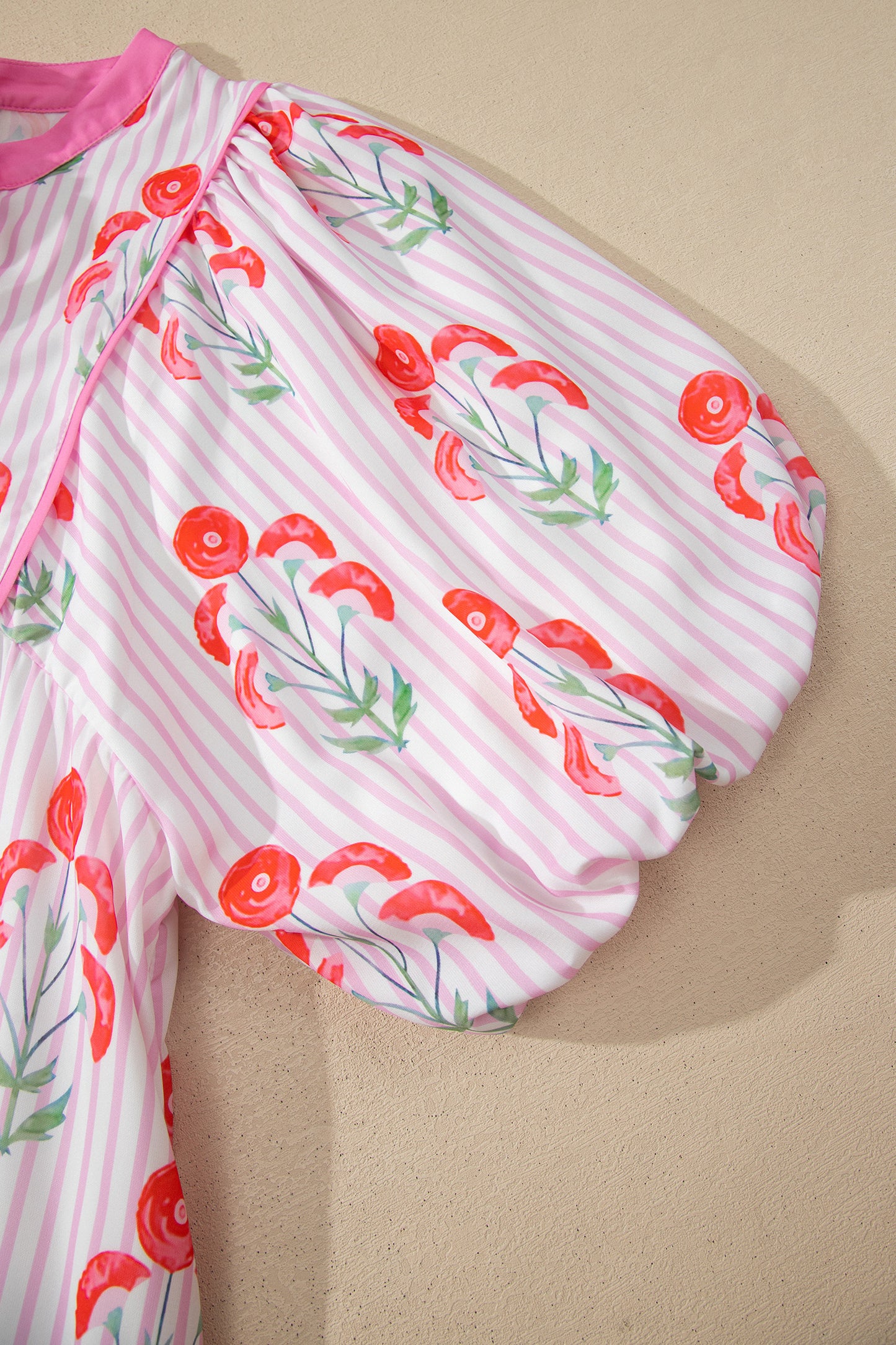 Pink Floral Striped Print Tie Notched Neck Puff Sleeve Flared Mini Dress-TOPS / DRESSES-[Adult]-[Female]-2022 Online Blue Zone Planet
