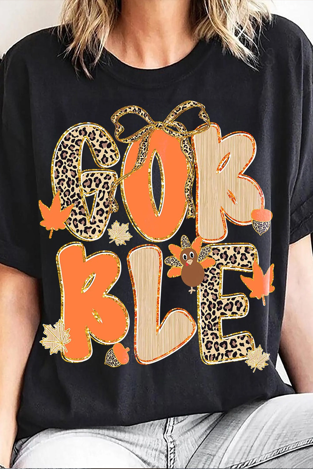 Black Gobble Leopard Letter Print Turkey Bow Graphic T Shirt-Graphic/Graphic Tees-[Adult]-[Female]-Black-S-2022 Online Blue Zone Planet