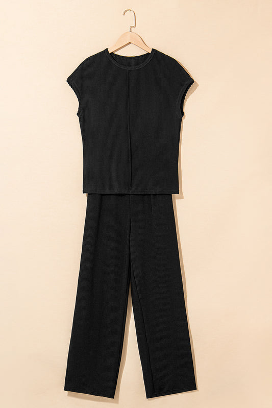 Black Solid Color Corded Short Sleeve Top And Casual Pants Set-Two Piece Sets/Pant Sets-[Adult]-[Female]-2022 Online Blue Zone Planet