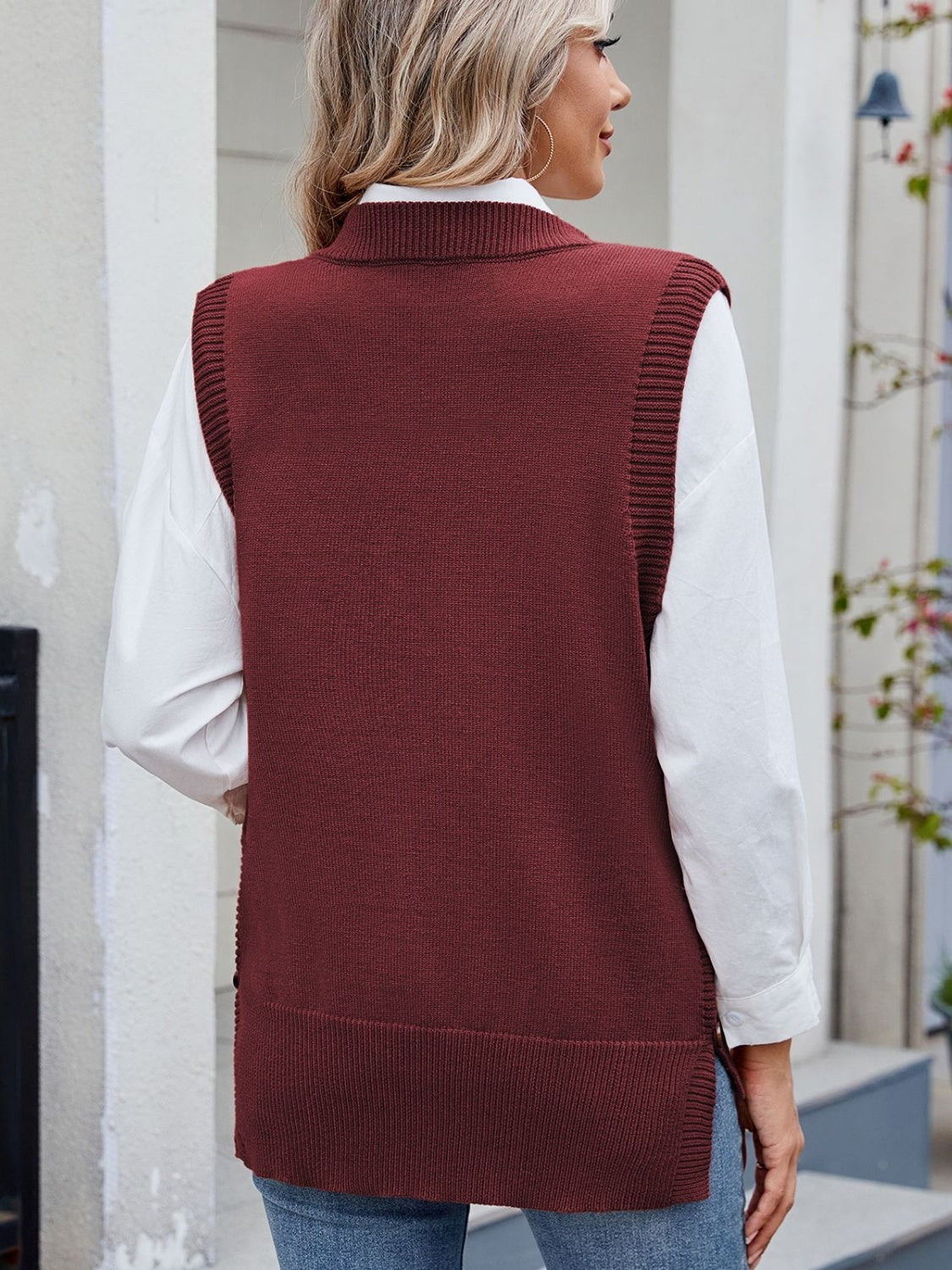 Buttoned Round Neck Sweater Vest-TOPS / DRESSES-[Adult]-[Female]-2022 Online Blue Zone Planet