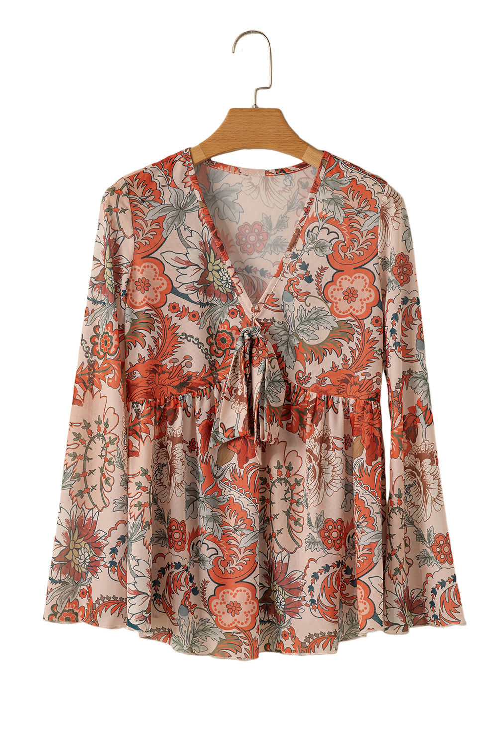 Orange Floral Bell Sleeve Pleated Blouse-Blouses-[Adult]-[Female]-2022 Online Blue Zone Planet