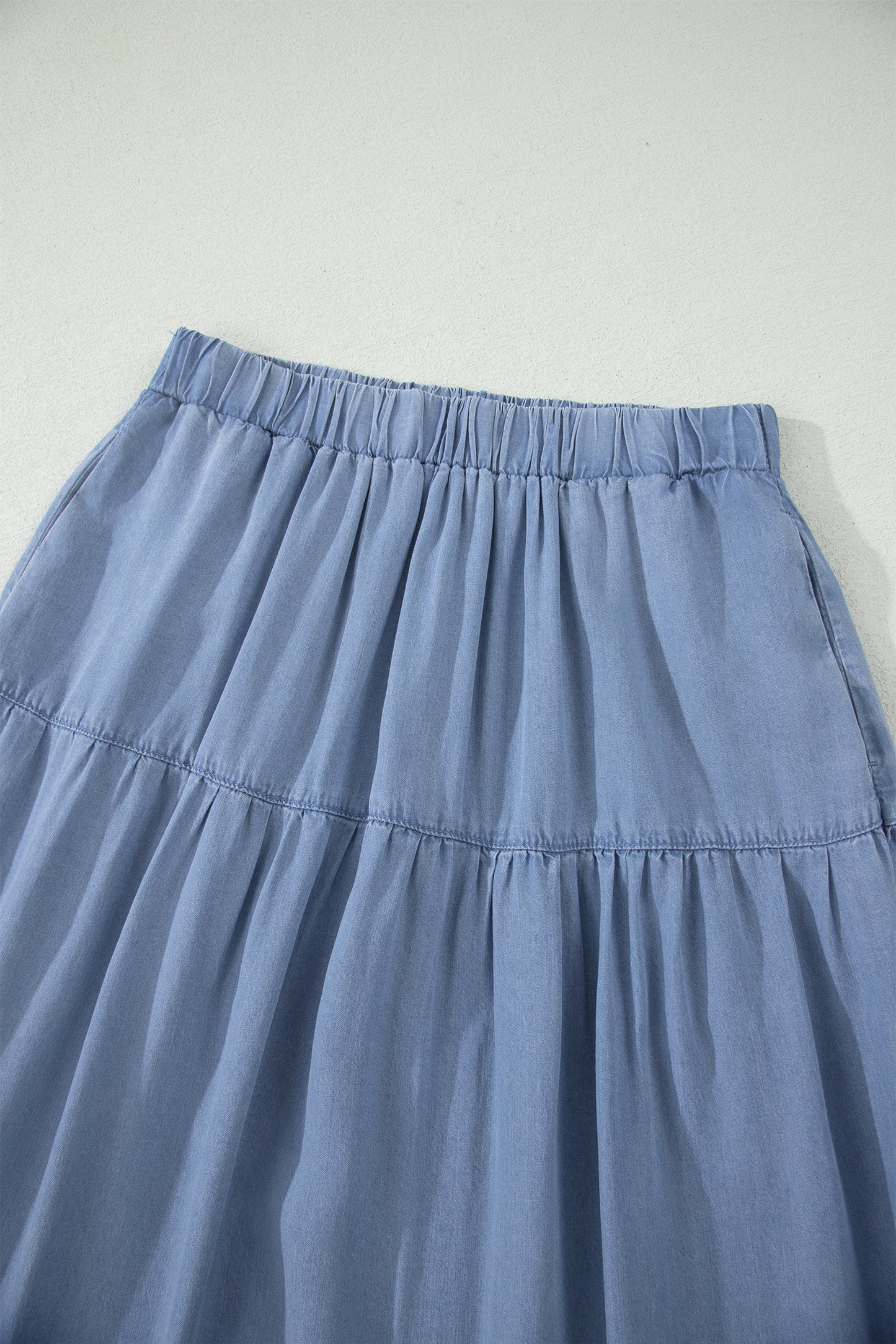 Beau Blue Elastic Waist Ruffled Tiered Flared Denim Maxi Skirt-Bottoms/Skirts & Petticoat-[Adult]-[Female]-2022 Online Blue Zone Planet