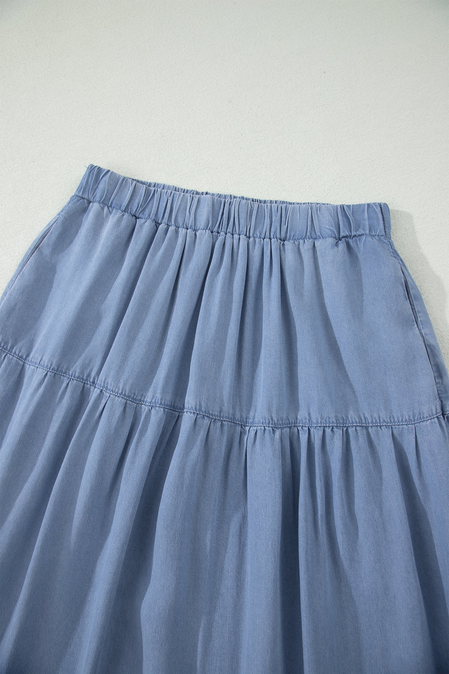 Beau Blue Elastic Waist Ruffled Tiered Flared Denim Maxi Skirt-Bottoms/Skirts & Petticoat-[Adult]-[Female]-2022 Online Blue Zone Planet