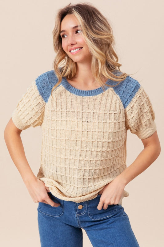 BiBi Textured Contrast Short Sleeve Sweater-TOPS / DRESSES-[Adult]-[Female]-Oatmeal/Denim-S-2022 Online Blue Zone Planet