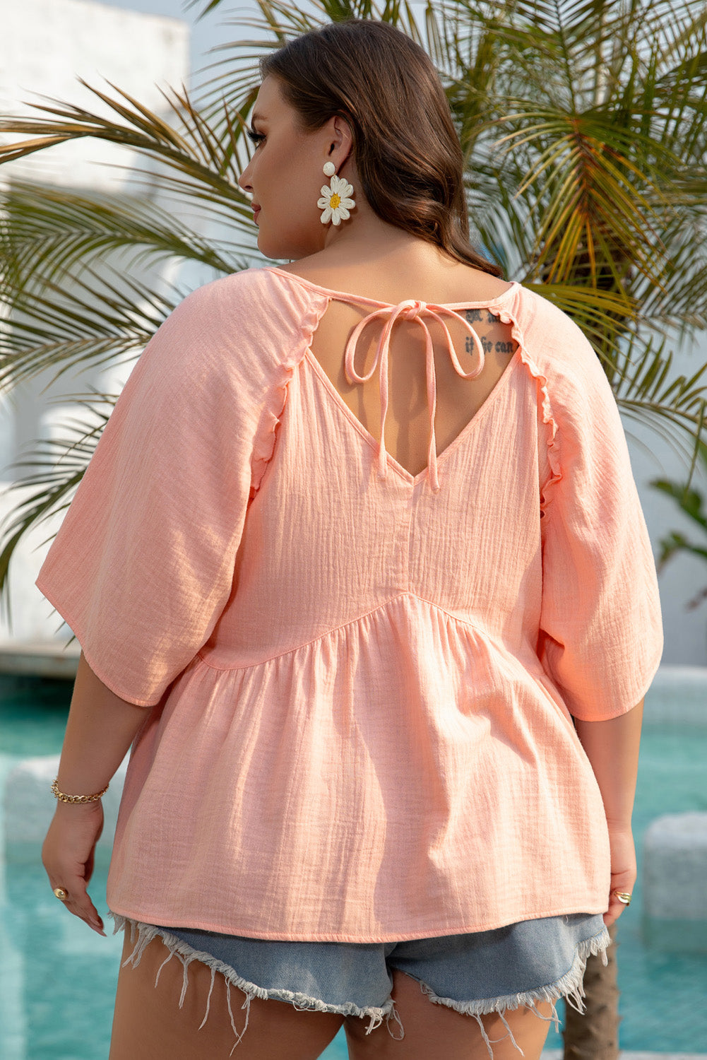 Apricot Pink Plus Size Textured Wide Short Sleeve Babydoll Blouse-Plus Size/Plus Size Tops/Plus Size Blouses & Shirts-[Adult]-[Female]-2022 Online Blue Zone Planet