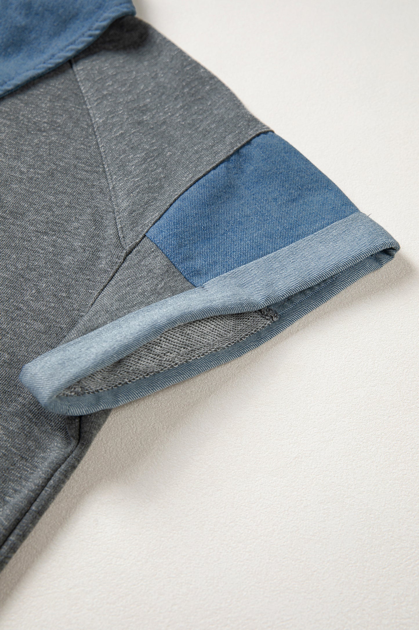 Carbon Grey Denim Color Block Patchwork Shirt Collar Short Sleeve Blouse-Tops/Blouses & Shirts-[Adult]-[Female]-2022 Online Blue Zone Planet