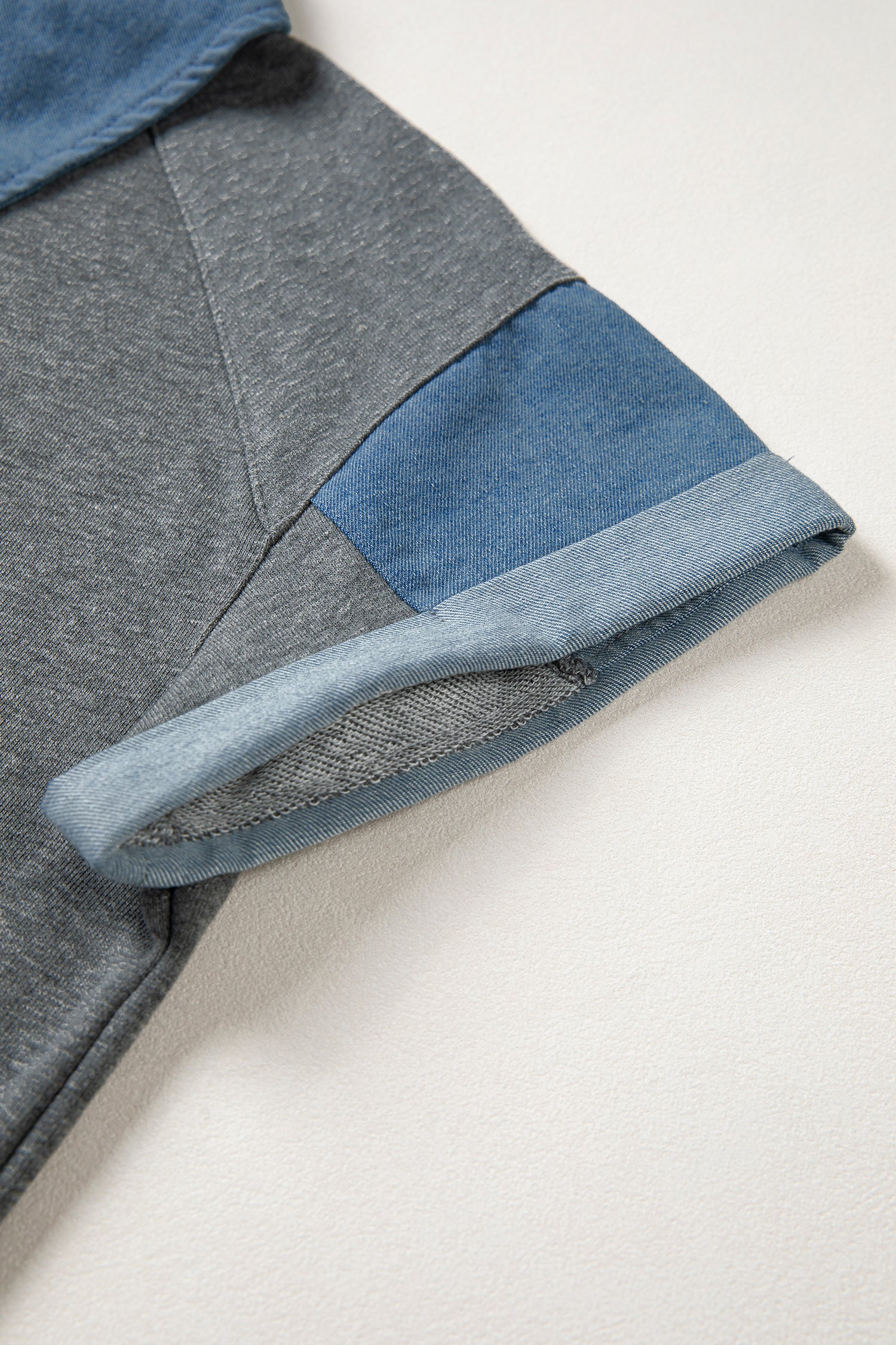 Carbon Grey Denim Color Block Patchwork Shirt Collar Short Sleeve Blouse-Tops/Blouses & Shirts-[Adult]-[Female]-2022 Online Blue Zone Planet