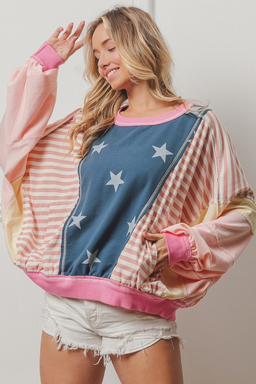 BiBi Stars and Stripes Round Neck Long Sleeve Top-TOPS / DRESSES-[Adult]-[Female]-Blush Multi-S-2022 Online Blue Zone Planet