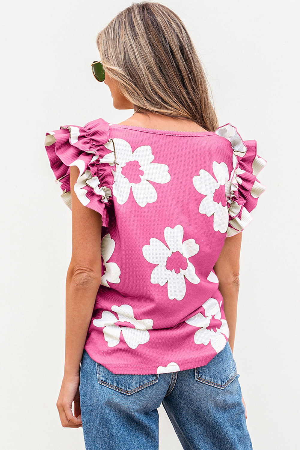 Pink Floral Textured Ruffled Short Sleeve Square Neck Blouse-Tops/Blouses & Shirts-[Adult]-[Female]-2022 Online Blue Zone Planet