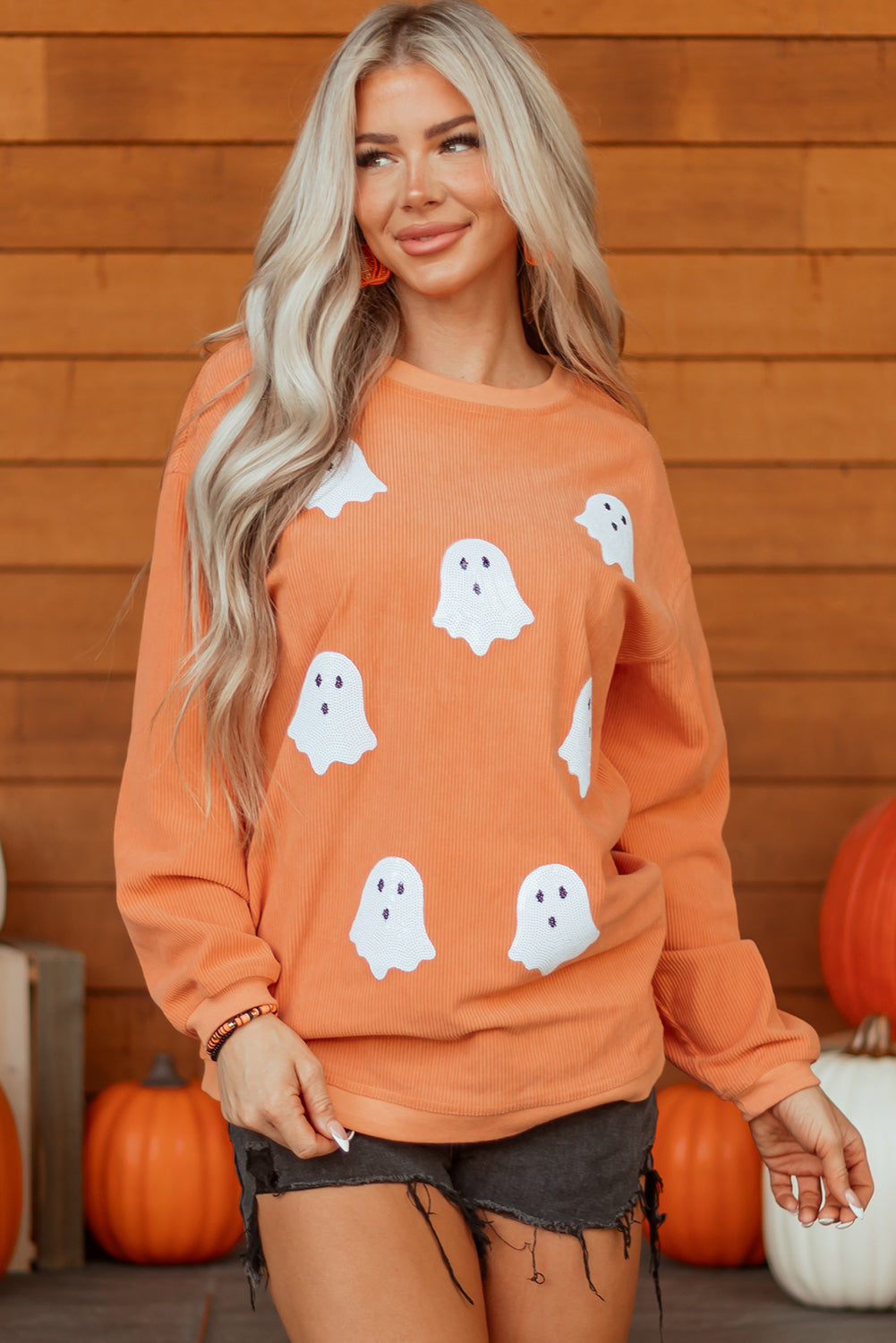 Orange Twisted Ribbed Texture Halloween Ghost Sequin Patched Sweatshirt-Graphic/Graphic Sweatshirts-[Adult]-[Female]-2022 Online Blue Zone Planet
