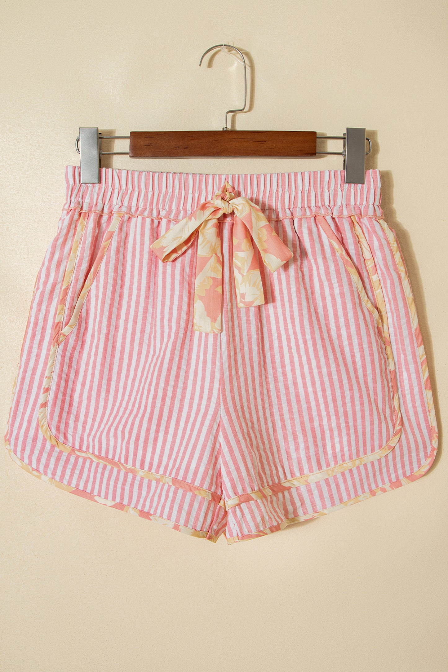 Light Pink Floral Trim Ribbon Knot Striped Casual Shorts-Bottoms/Casual Shorts-[Adult]-[Female]-2022 Online Blue Zone Planet