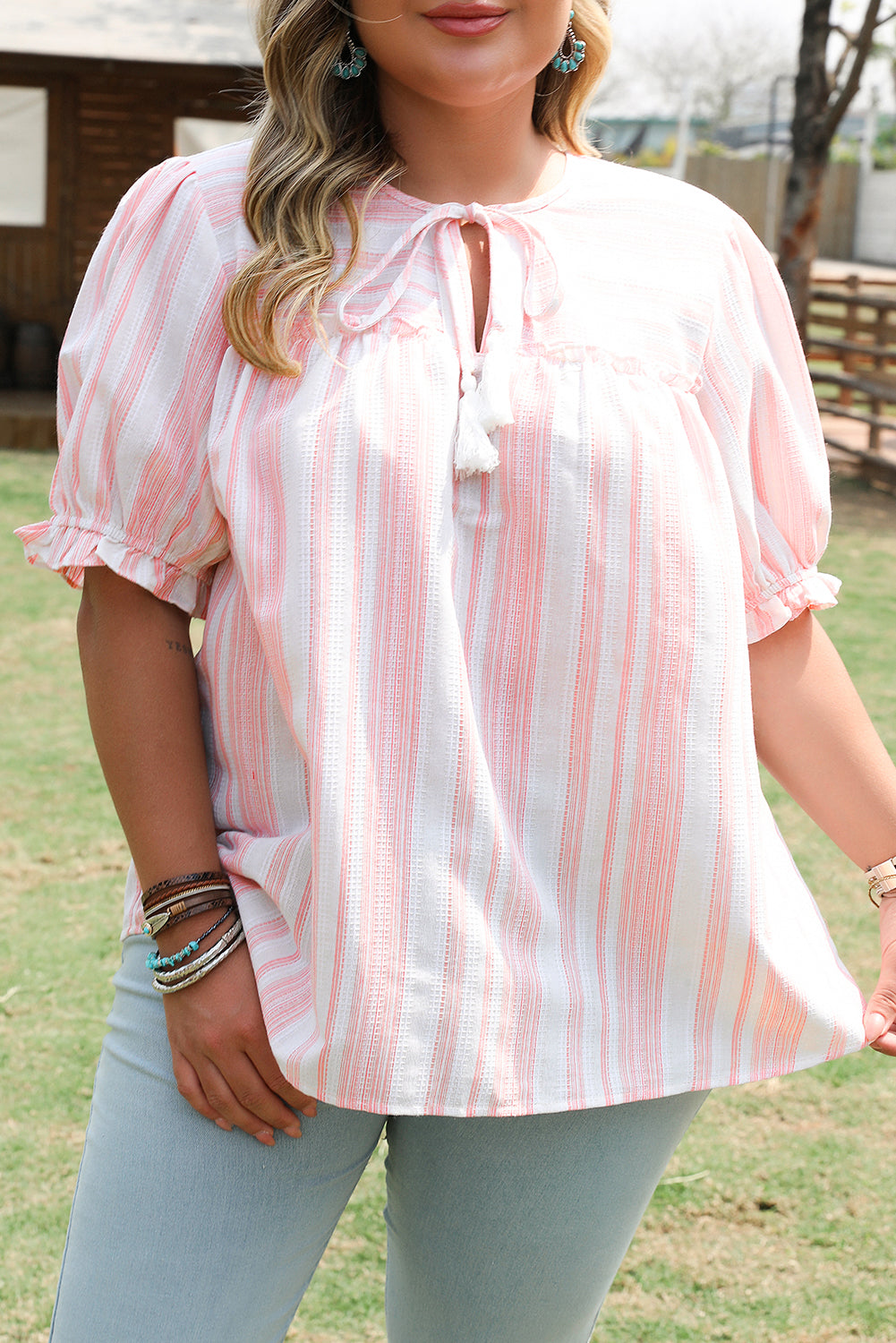 Pink Stripe Plus Size Tassel Tie Frilled Detail Short Sleeve Blouse-Plus Size/Plus Size Tops/Plus Size Blouses & Shirts-[Adult]-[Female]-2022 Online Blue Zone Planet