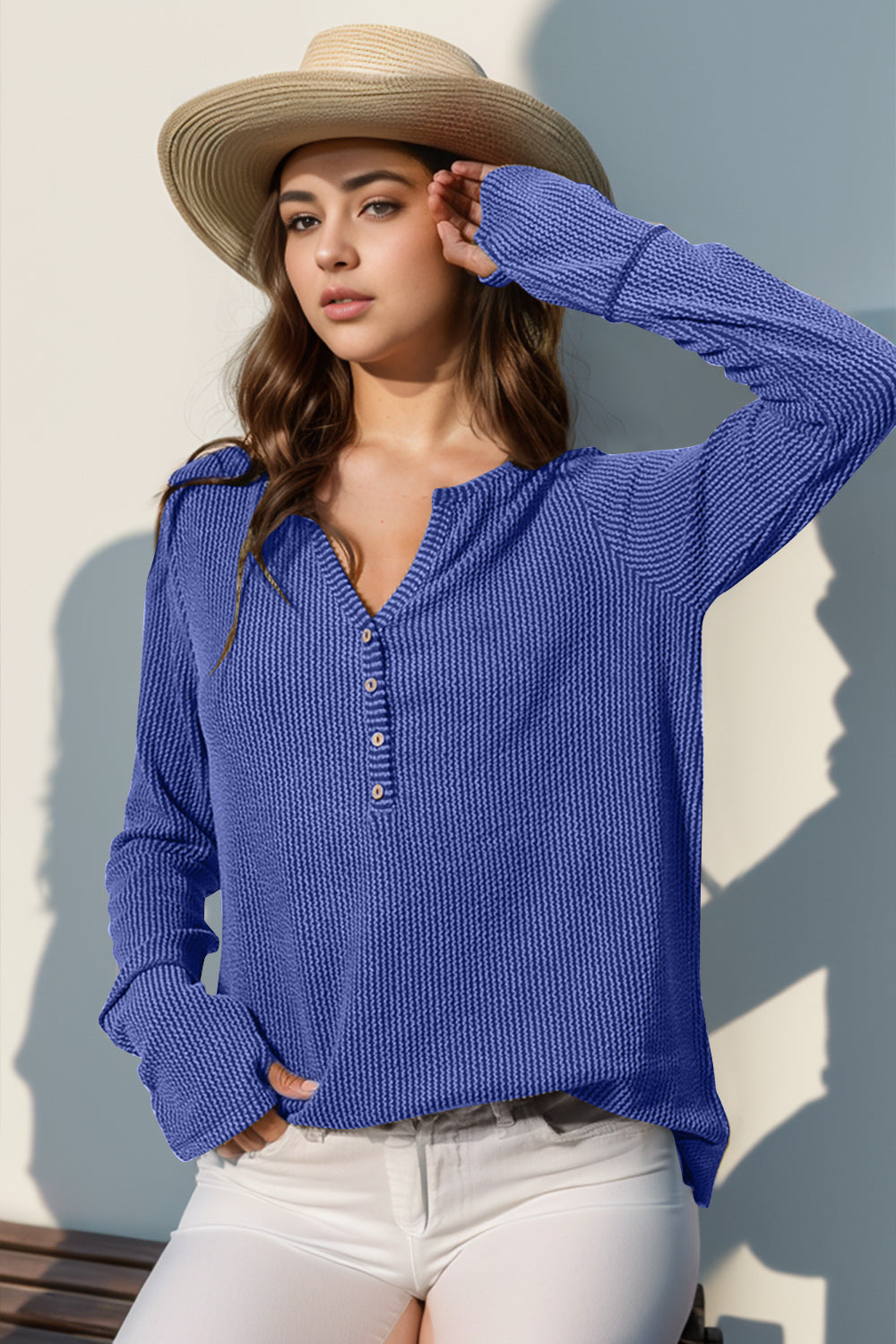 Double Take Full Size Notched Thumbhole Long Sleeve T-Shirt-TOPS / DRESSES-[Adult]-[Female]-Blue-S-2022 Online Blue Zone Planet