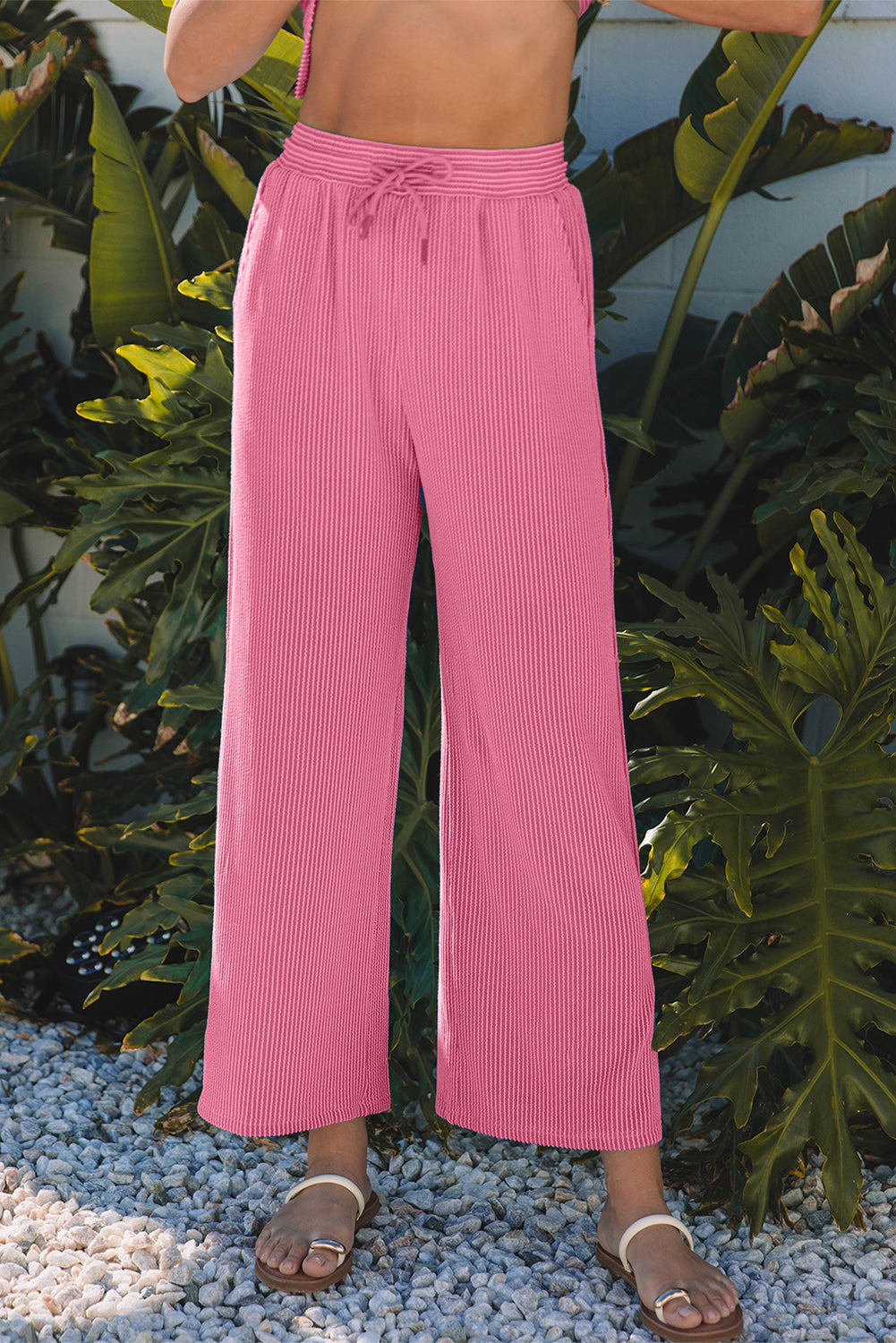 Blue Zone Planet | Wild Wind Solid Corded Knit Short Sleeve T Shirt And Wide Leg Pants Set-Two Piece Sets/Pant Sets-[Adult]-[Female]-2022 Online Blue Zone Planet