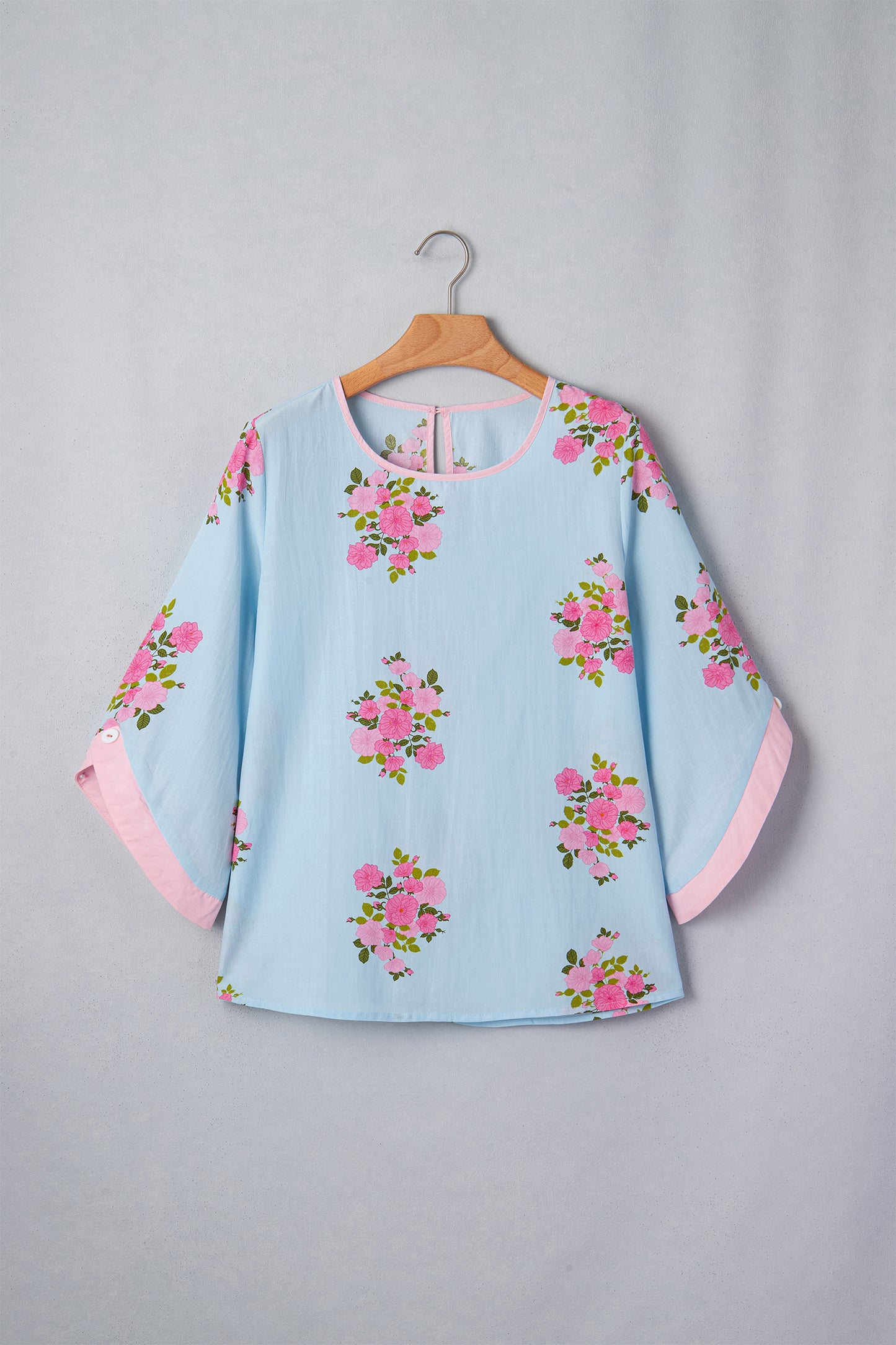 Sky Blue Floral Print Button Cuffed 3/4 Sleeve Round Neck Blouse-Tops/Blouses & Shirts-[Adult]-[Female]-2022 Online Blue Zone Planet