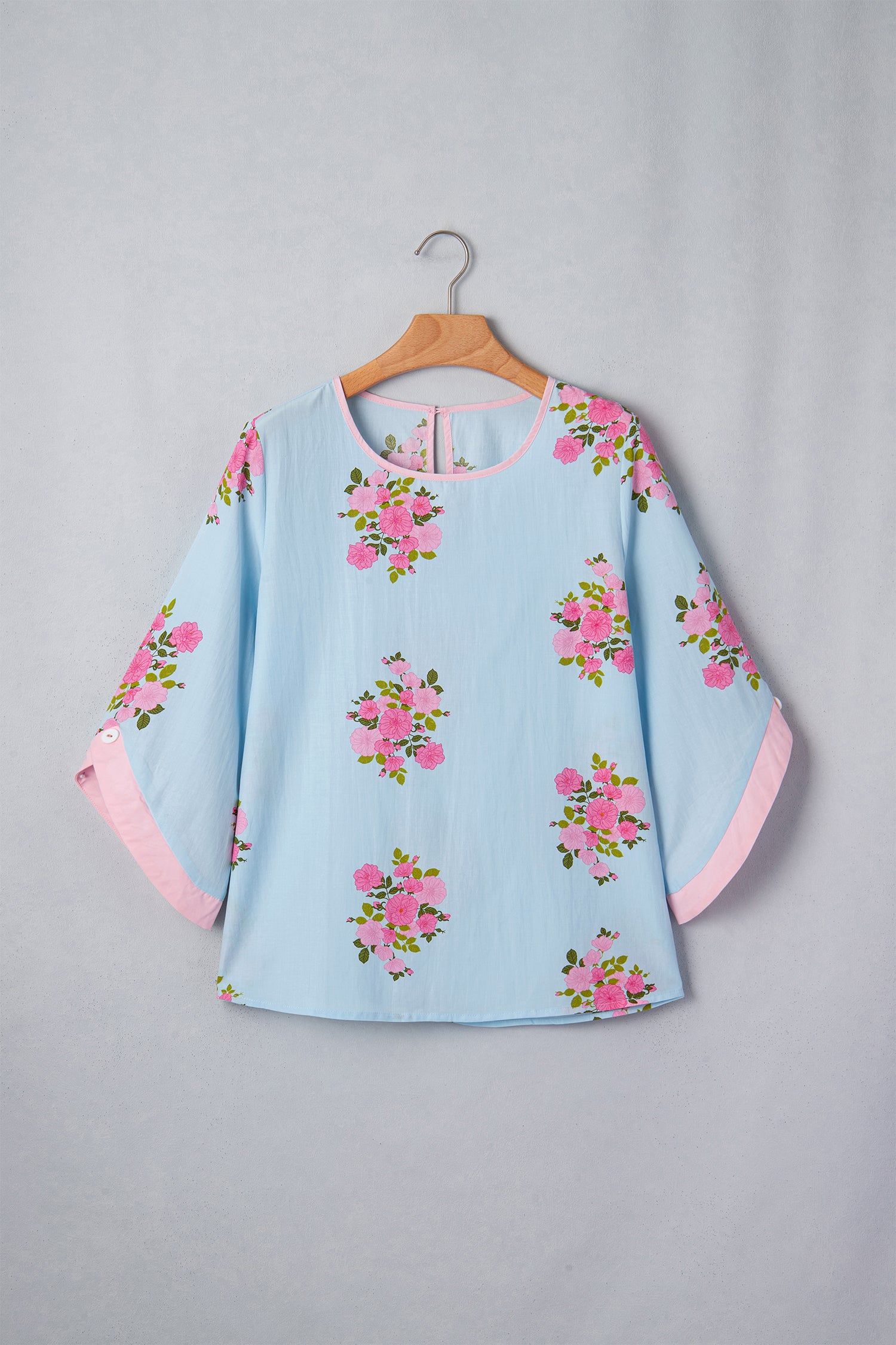 Sky Blue Floral Print Button Cuffed 3/4 Sleeve Round Neck Blouse-Tops/Blouses & Shirts-[Adult]-[Female]-2022 Online Blue Zone Planet