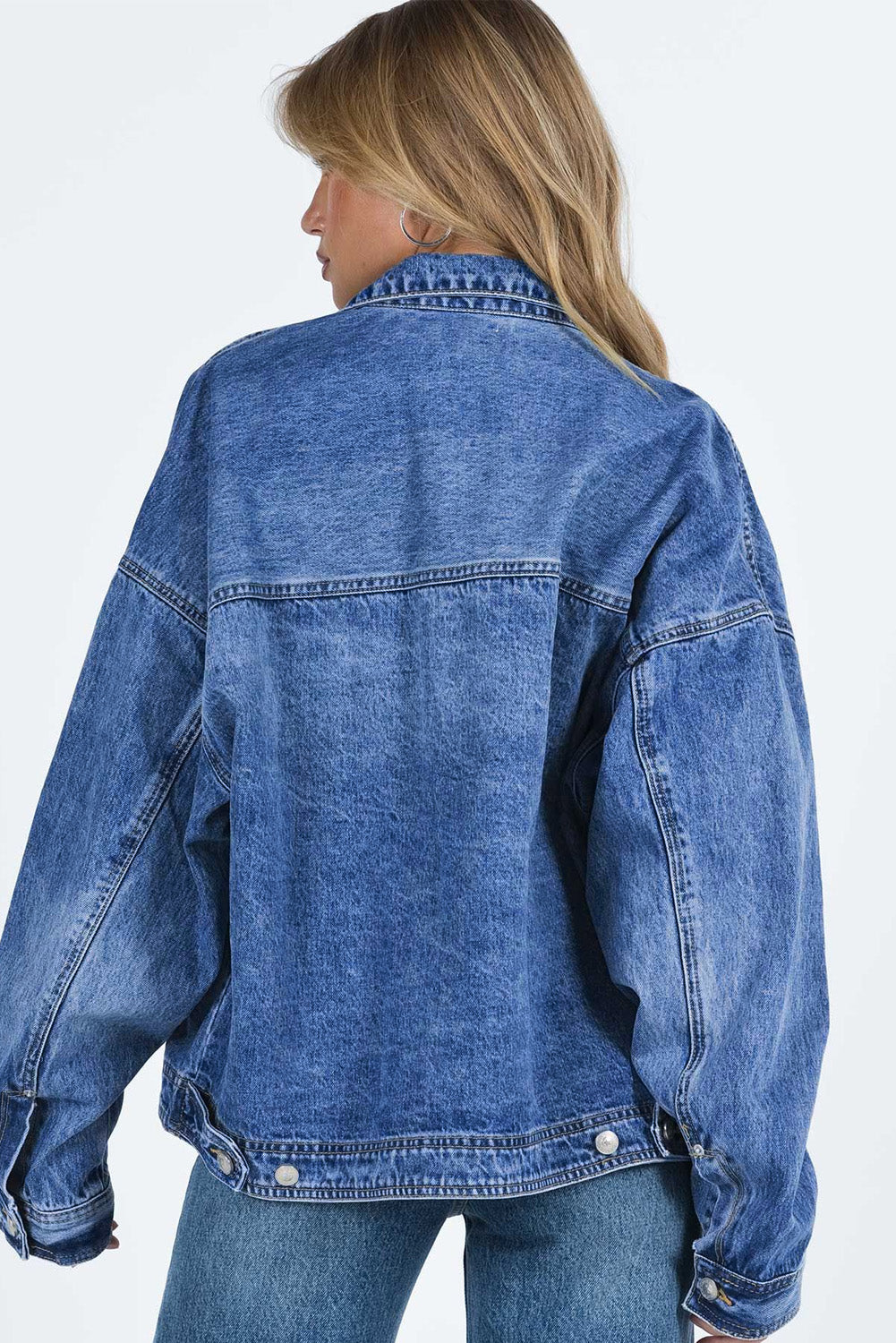 Blue Zone Planet | Blue Chest Pockets Drop Shoulder Loose Denim Jacket-Outerwear/Denim jackets-[Adult]-[Female]-2022 Online Blue Zone Planet