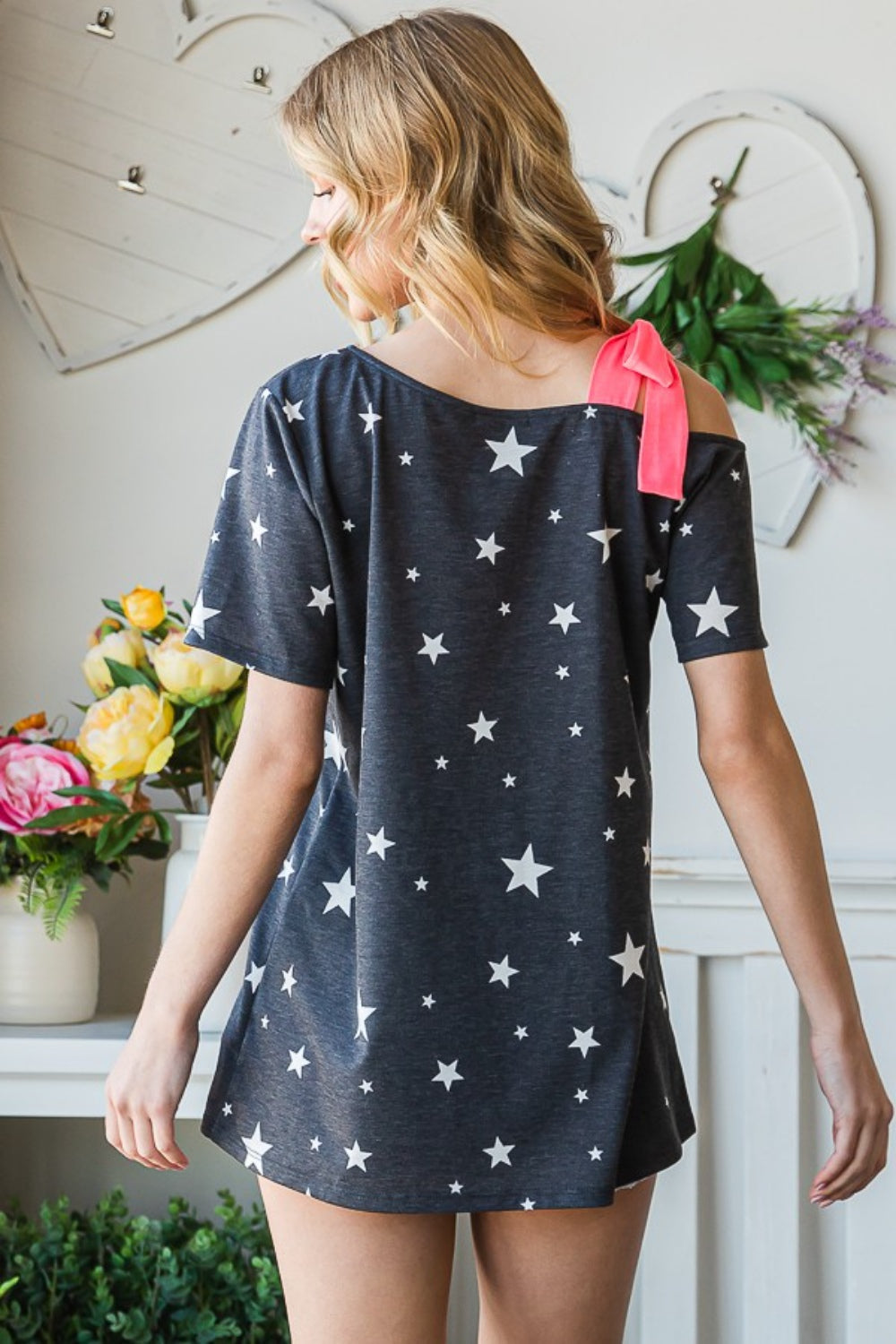 Blue Zone Planet | Heimish Full Size Star Print Asymmetrical Neck Short Sleeve Top-TOPS / DRESSES-[Adult]-[Female]-2022 Online Blue Zone Planet