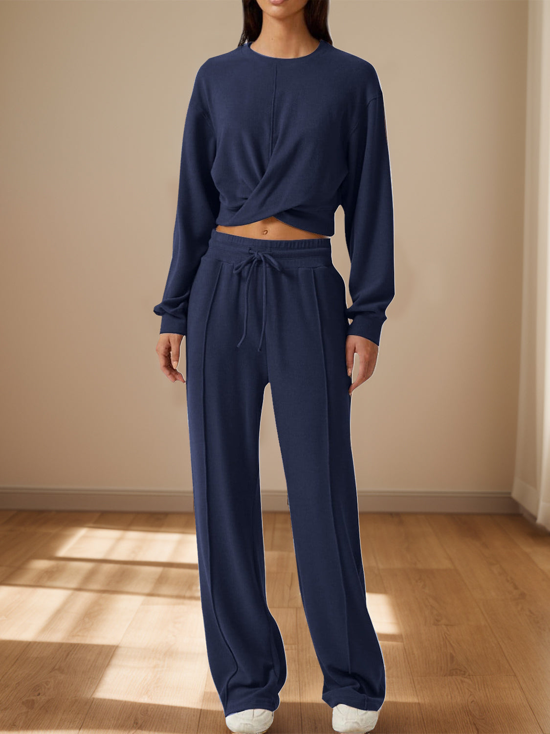 Crisscross Round Neck Top and Drawstring Pants Set-BOTTOMS SIZES SMALL MEDIUM LARGE-[Adult]-[Female]-2022 Online Blue Zone Planet