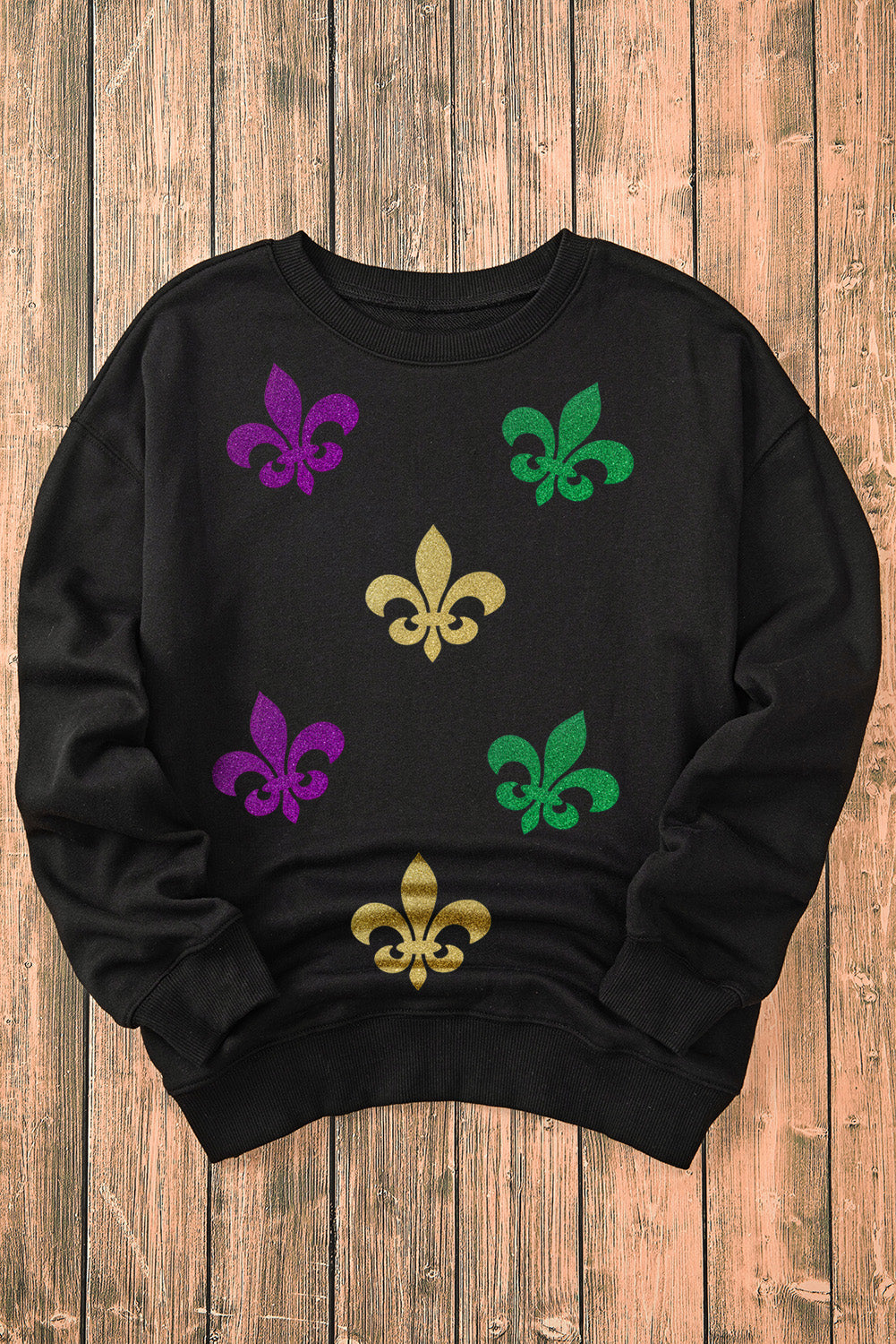 Black Mardi Gras Graphic Round Neck Casual Sweatshirt-Graphic Sweatshirts-[Adult]-[Female]-2022 Online Blue Zone Planet