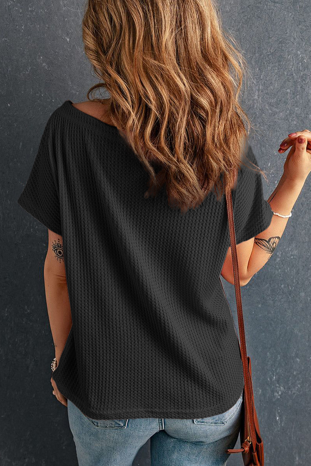 Black Waffle Knit Boat Neck Short Sleeve Top-Tops/Tops & Tees-[Adult]-[Female]-2022 Online Blue Zone Planet