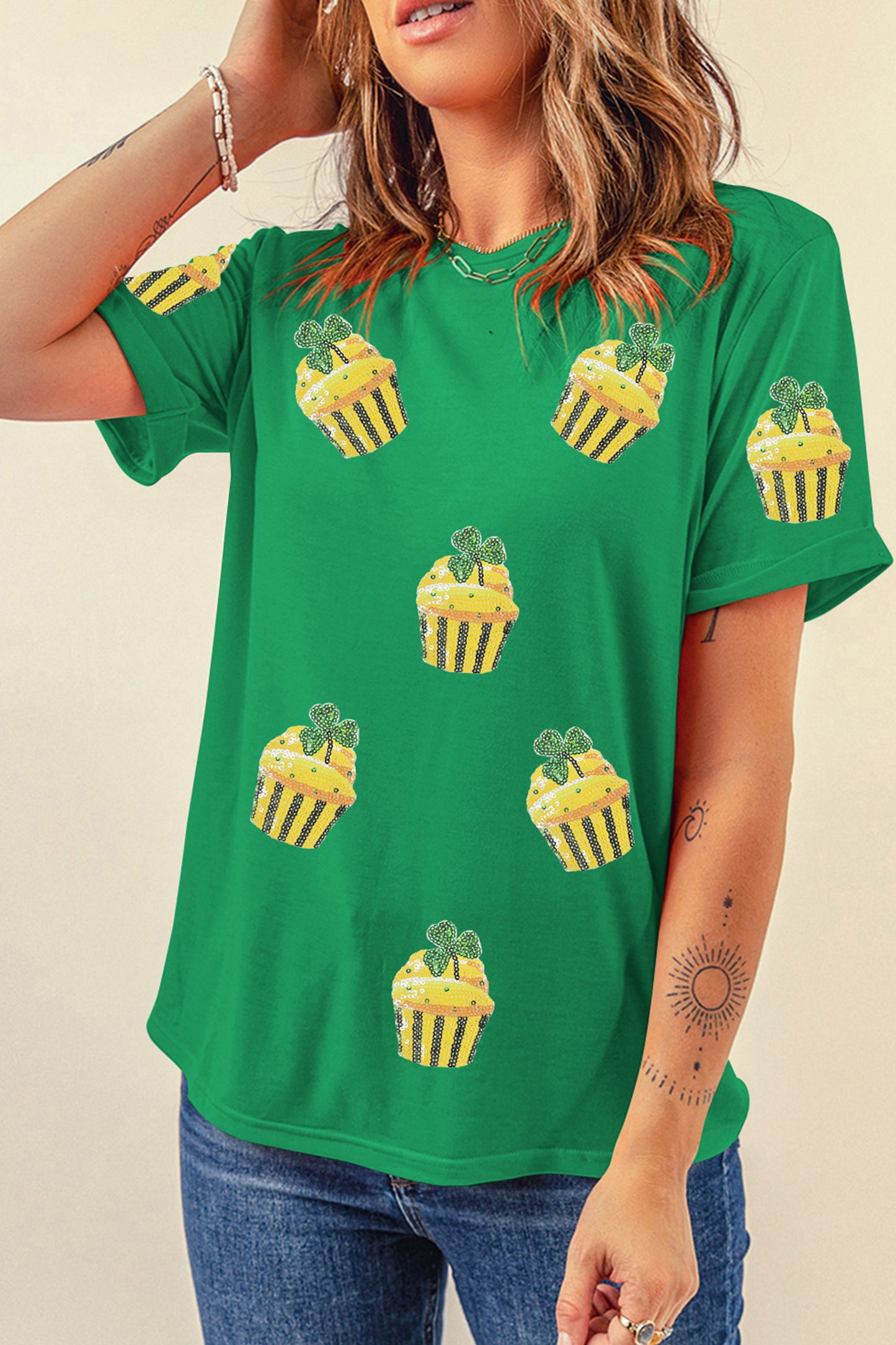 Bright Green St Patricks Day Sequin Cupcake Graphic T Shirt-Graphic/Graphic Tees-[Adult]-[Female]-2022 Online Blue Zone Planet