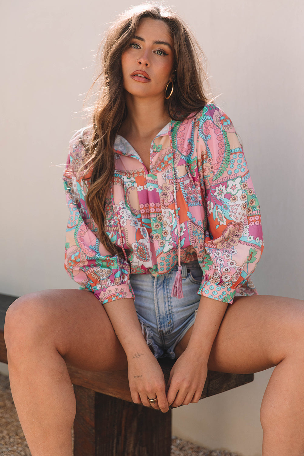 Multicolour Boho Floral Bubble Sleeve Tassel Tied Neck Pleated Blouse-Tops/Blouses & Shirts-[Adult]-[Female]-2022 Online Blue Zone Planet
