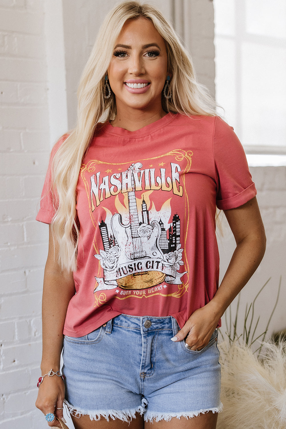 Mineral Red Nashville Music City Graphic Retro Fashion Tee-Tops/Tops & Tees-[Adult]-[Female]-2022 Online Blue Zone Planet