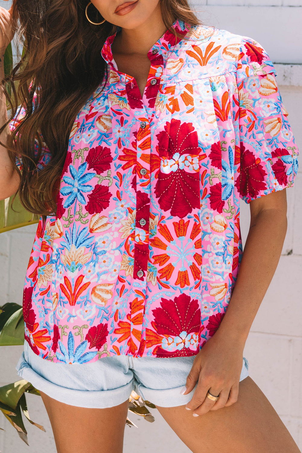 Pink Floral Print Bubble Sleeve Button Up Pleated Shirt-Tops/Blouses & Shirts-[Adult]-[Female]-2022 Online Blue Zone Planet