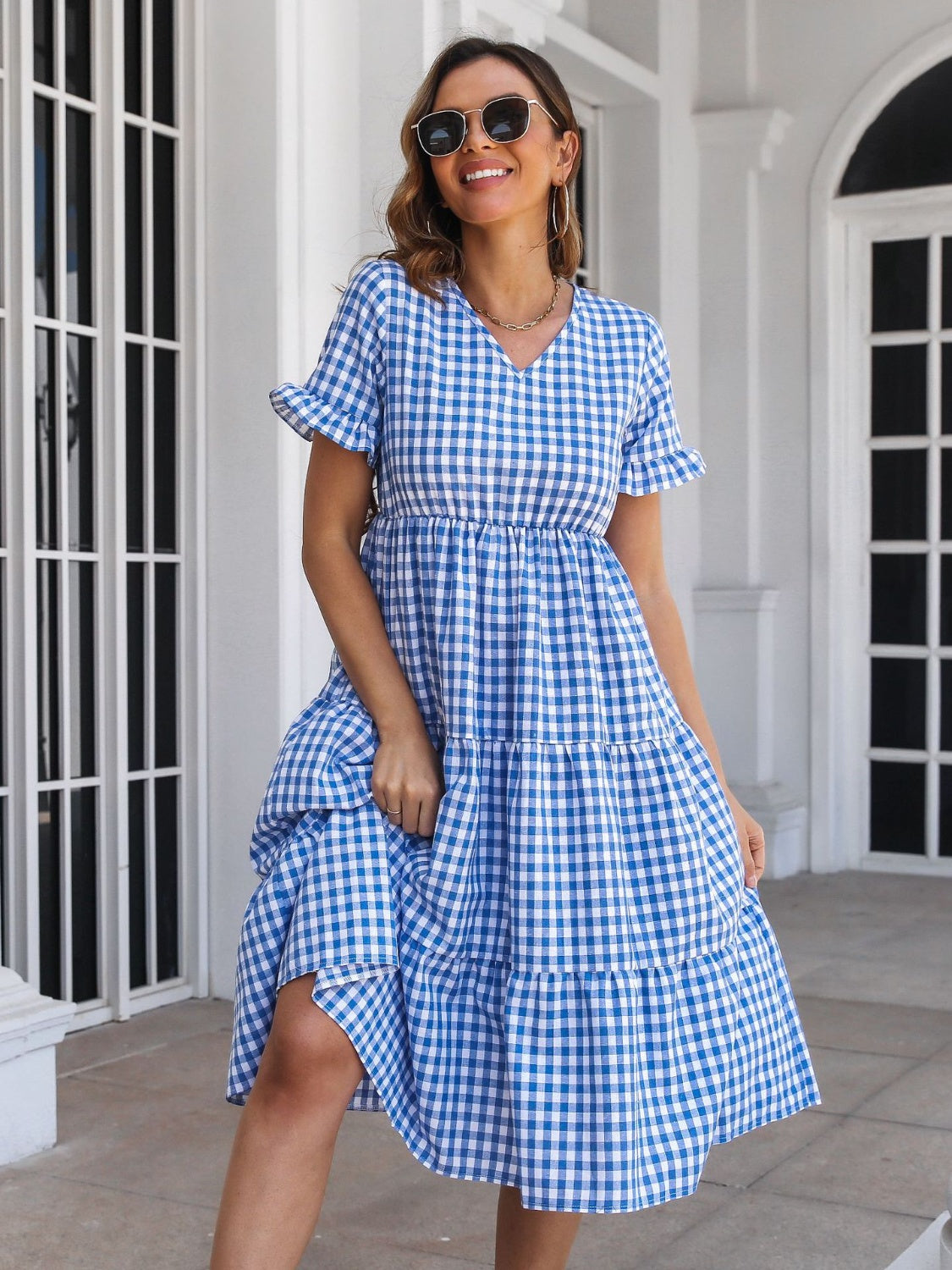 Blue Zone Planet | Plaid V-Neck Short Sleeve Midi Dress-TOPS / DRESSES-[Adult]-[Female]-Blue-S-2022 Online Blue Zone Planet