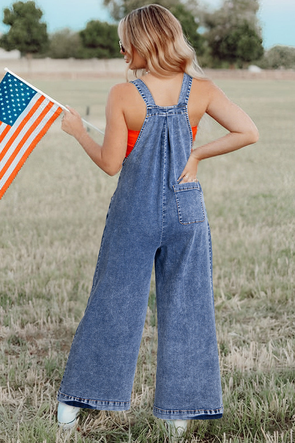 Light Blue Mineral Wash Buttoned Straps Wide Leg Denim Overalls-Bottoms/Jumpsuits & Rompers-[Adult]-[Female]-2022 Online Blue Zone Planet