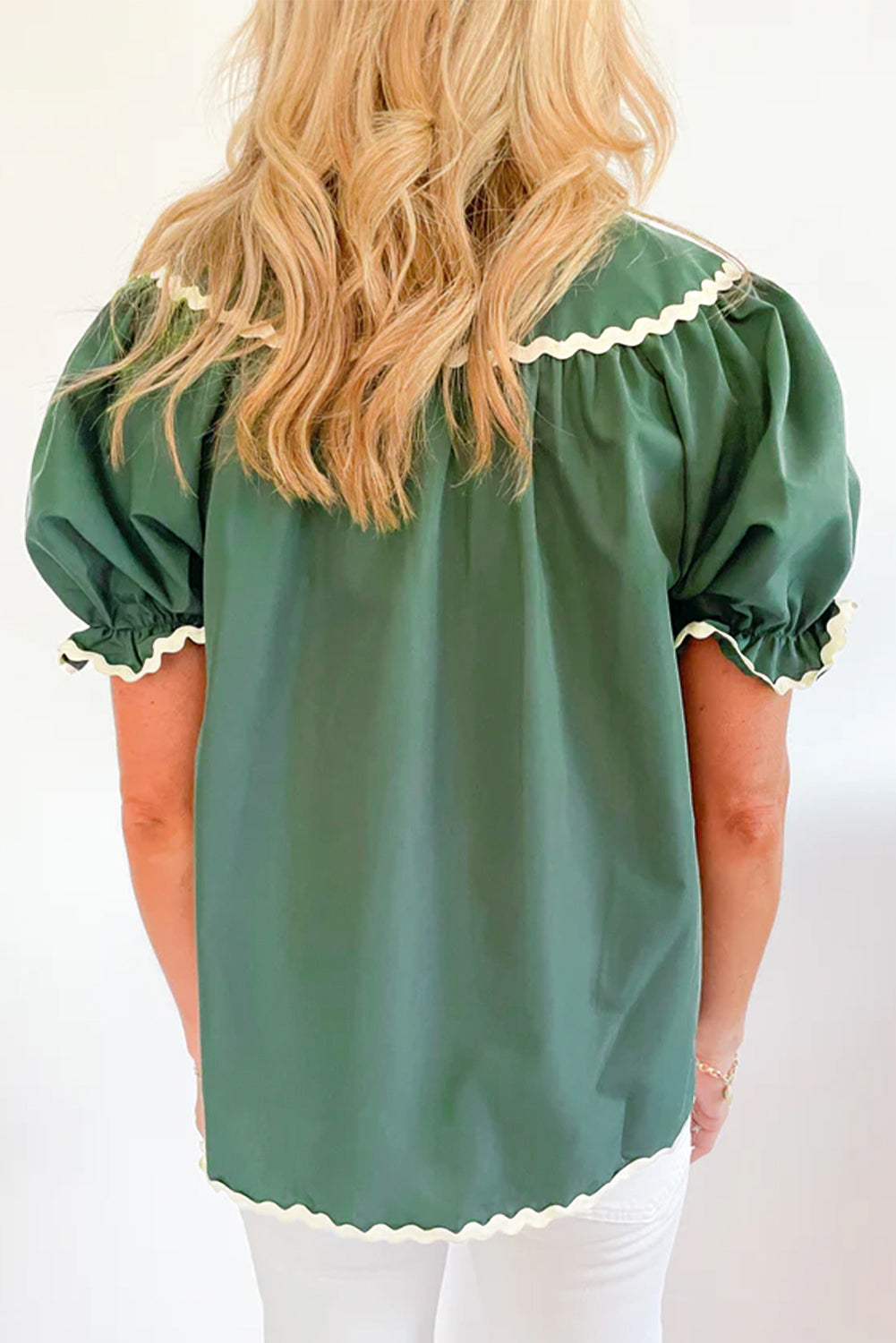 Mist Green Ric Rac Trim Tie Split Neck Short Sleeve Blouse-Tops/Blouses & Shirts-[Adult]-[Female]-2022 Online Blue Zone Planet