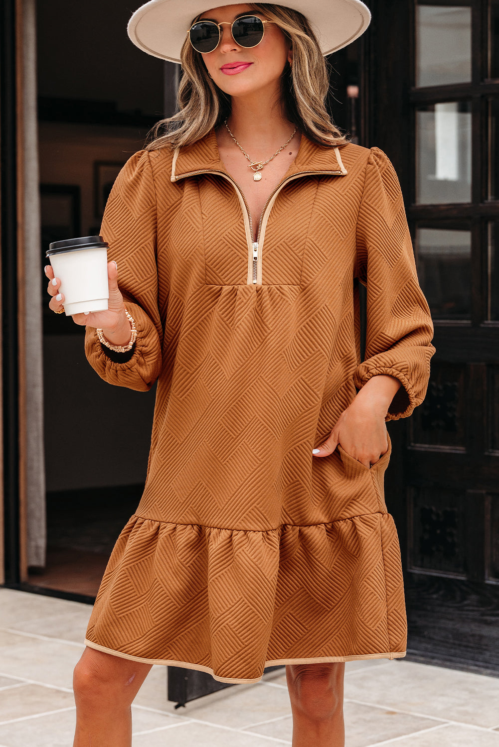 Desert Gold Quarter Zip Collar Bracelet Sleeve Textured Mini Dress-TOPS / DRESSES-[Adult]-[Female]-2022 Online Blue Zone Planet