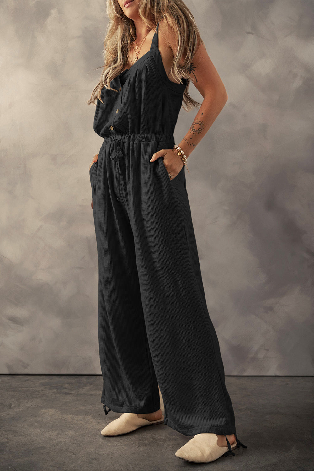 Black Knotted Straps Button Textured Drawstring Jumpsuit-Sale (50% OFF)/30% OFF-[Adult]-[Female]-2022 Online Blue Zone Planet
