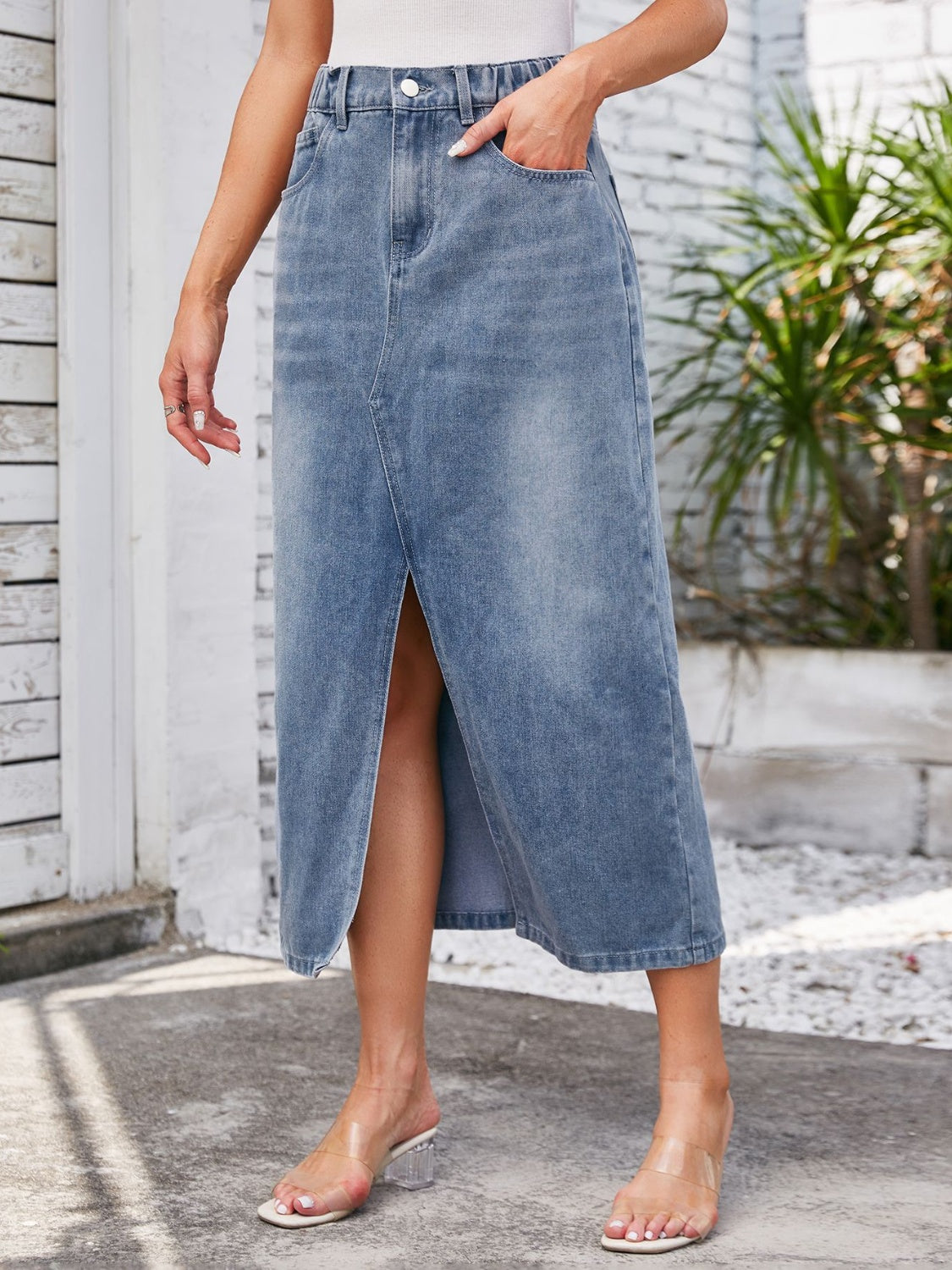 Slit Midi Denim Skirt with Pockets-BOTTOMS SIZES SMALL MEDIUM LARGE-[Adult]-[Female]-2022 Online Blue Zone Planet