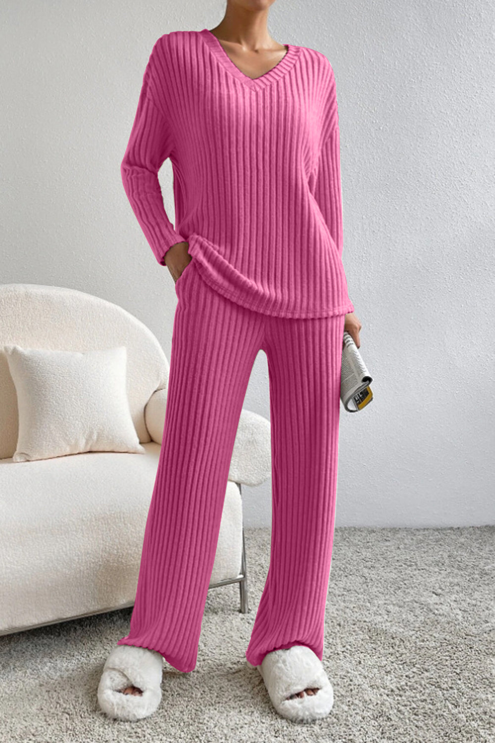 Ribbed V-Neck Top and Pants Set-TOPS / DRESSES-[Adult]-[Female]-Hot Pink-L-2022 Online Blue Zone Planet