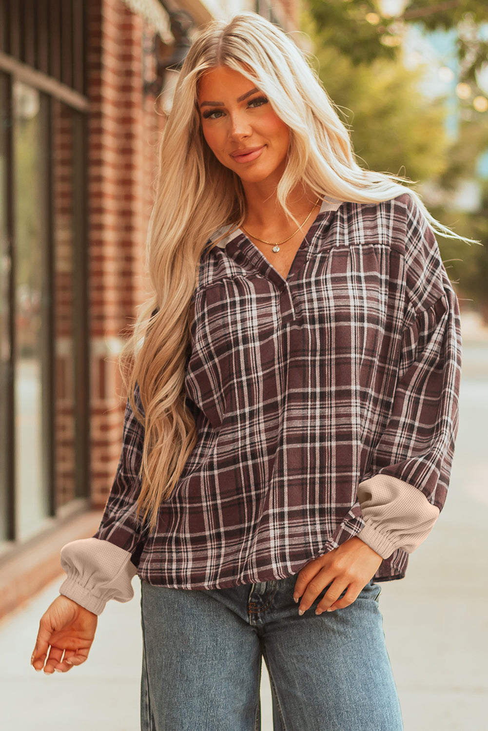 Brown Plaid Patchwork Long Sleeve Button Hooded Blouse-Tops / Dresses-[Adult]-[Female]-2022 Online Blue Zone Planet