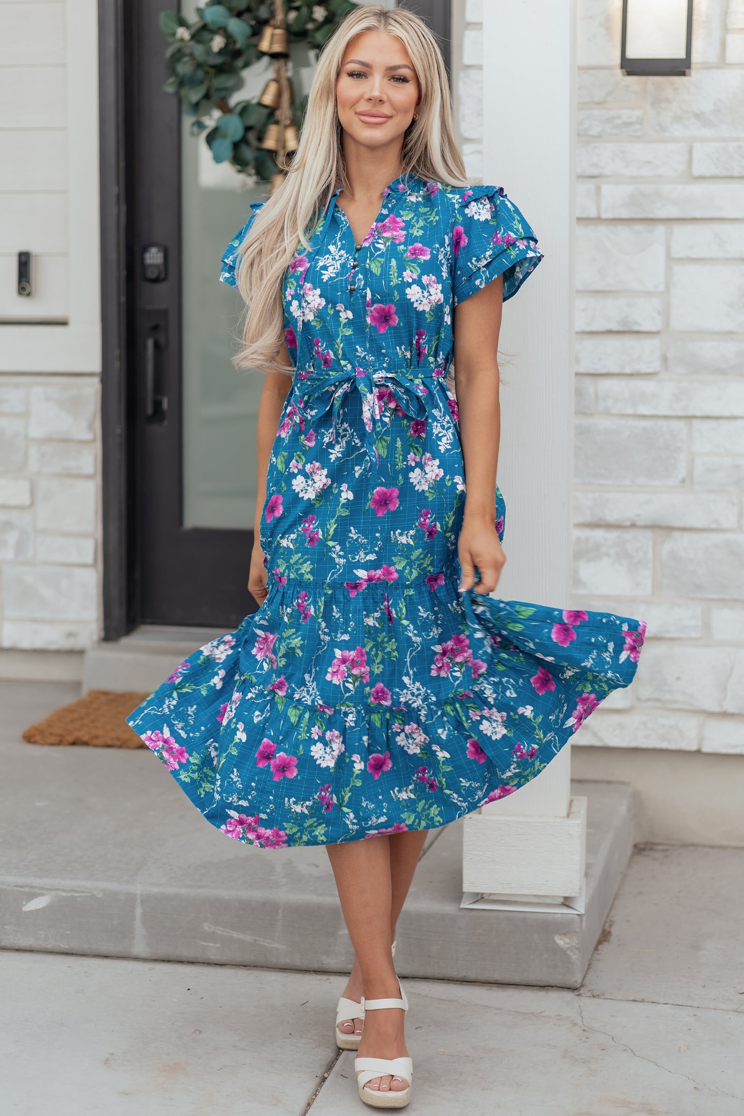 Blue Floral Flutter Sleeve Button Tie Split Neck Belted Long Dress-TOPS / DRESSES-[Adult]-[Female]-2022 Online Blue Zone Planet
