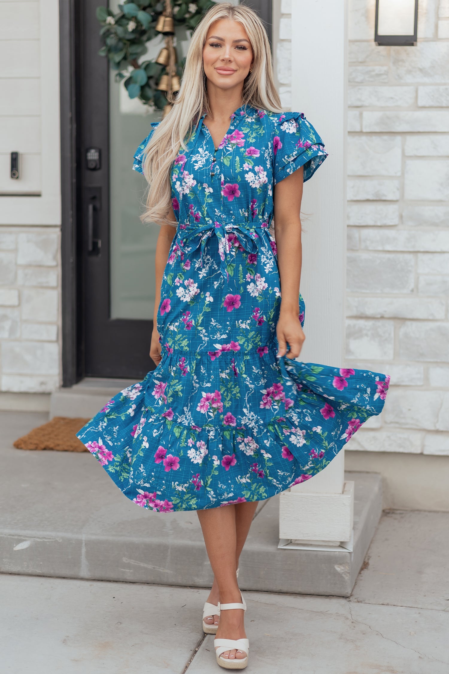 Blue Floral Flutter Sleeve Button Tie Split Neck Belted Long Dress-TOPS / DRESSES-[Adult]-[Female]-2022 Online Blue Zone Planet
