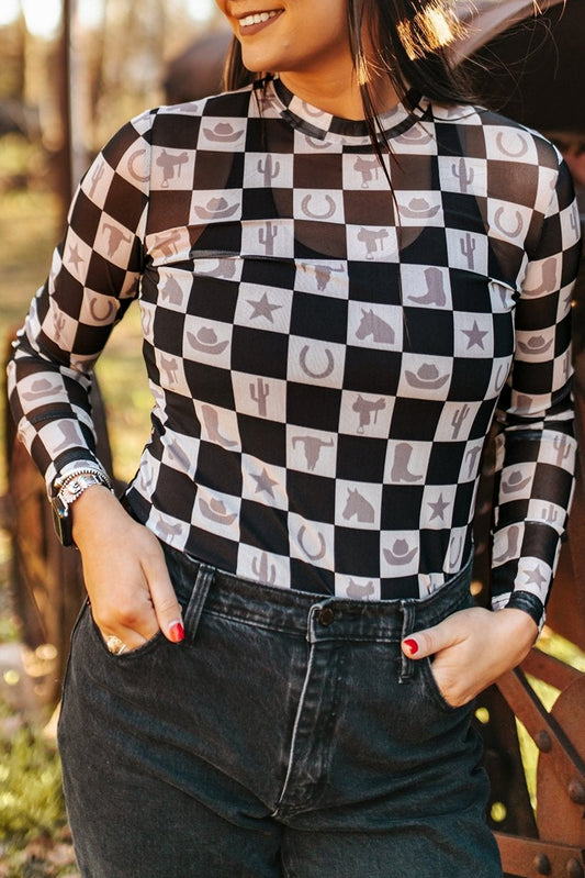 Black Checkerboard Western Elements Printed Mesh Long Sleeve Top-Tops/Long Sleeve Tops-[Adult]-[Female]-Black-S-2022 Online Blue Zone Planet