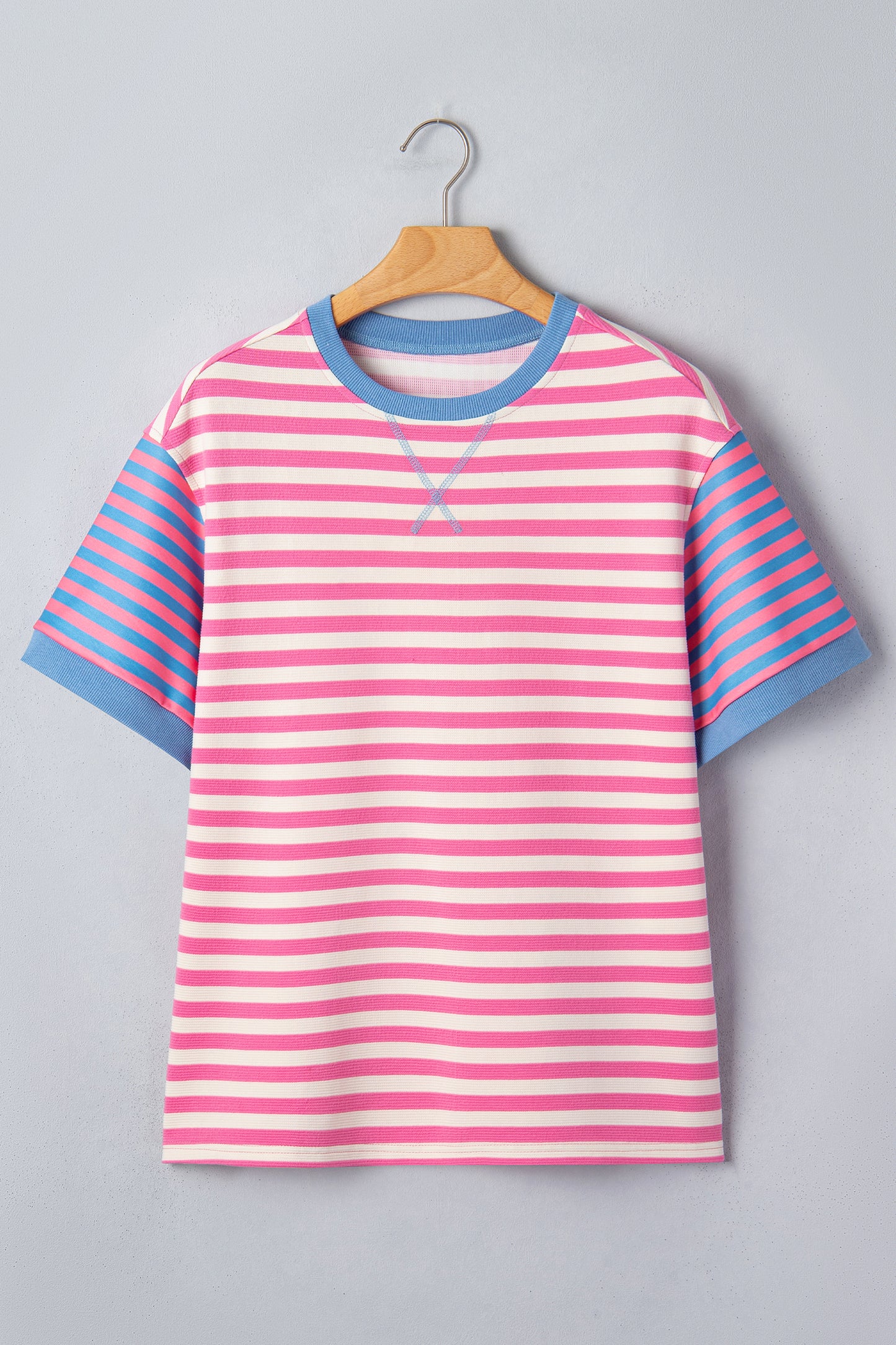 Pink Stripe Contrast Patchwork Short Sleeve Loose Tee-Tops/Tops & Tees-[Adult]-[Female]-2022 Online Blue Zone Planet