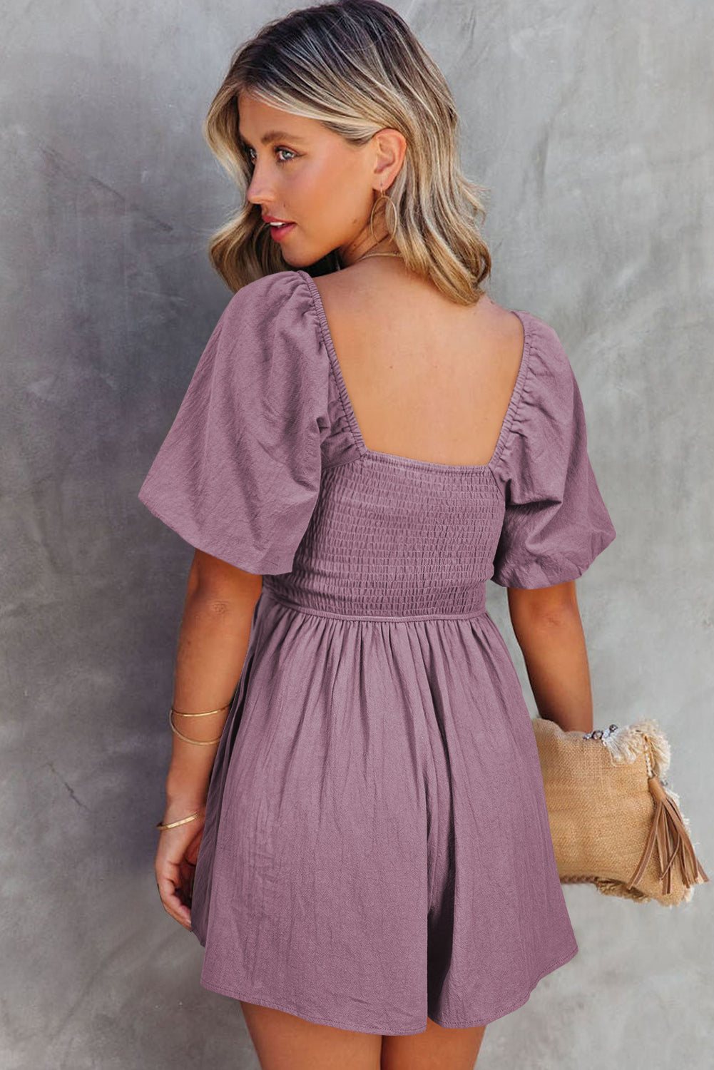 Valerian Square Neck Ruched Puff Sleeve Romper-Bottoms/Jumpsuits & Rompers-[Adult]-[Female]-2022 Online Blue Zone Planet