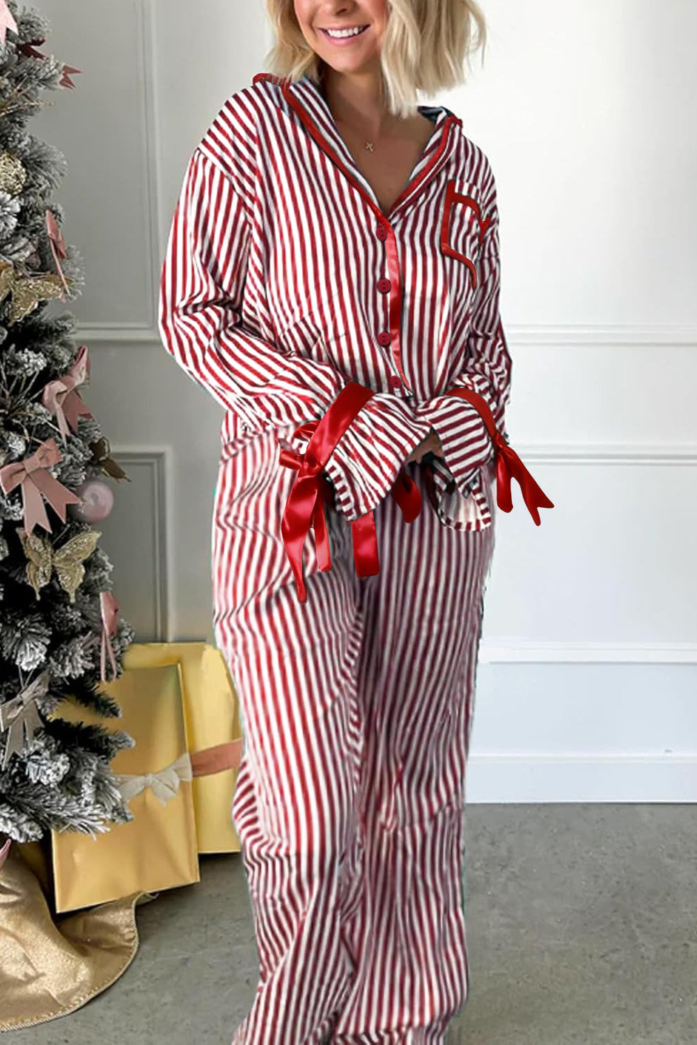 Red Stripe Contrast Velvet Trim Bow Knot Waist 2pcs Pajama Set-Loungewear & Sleepwear/Sleepwear-[Adult]-[Female]-2022 Online Blue Zone Planet