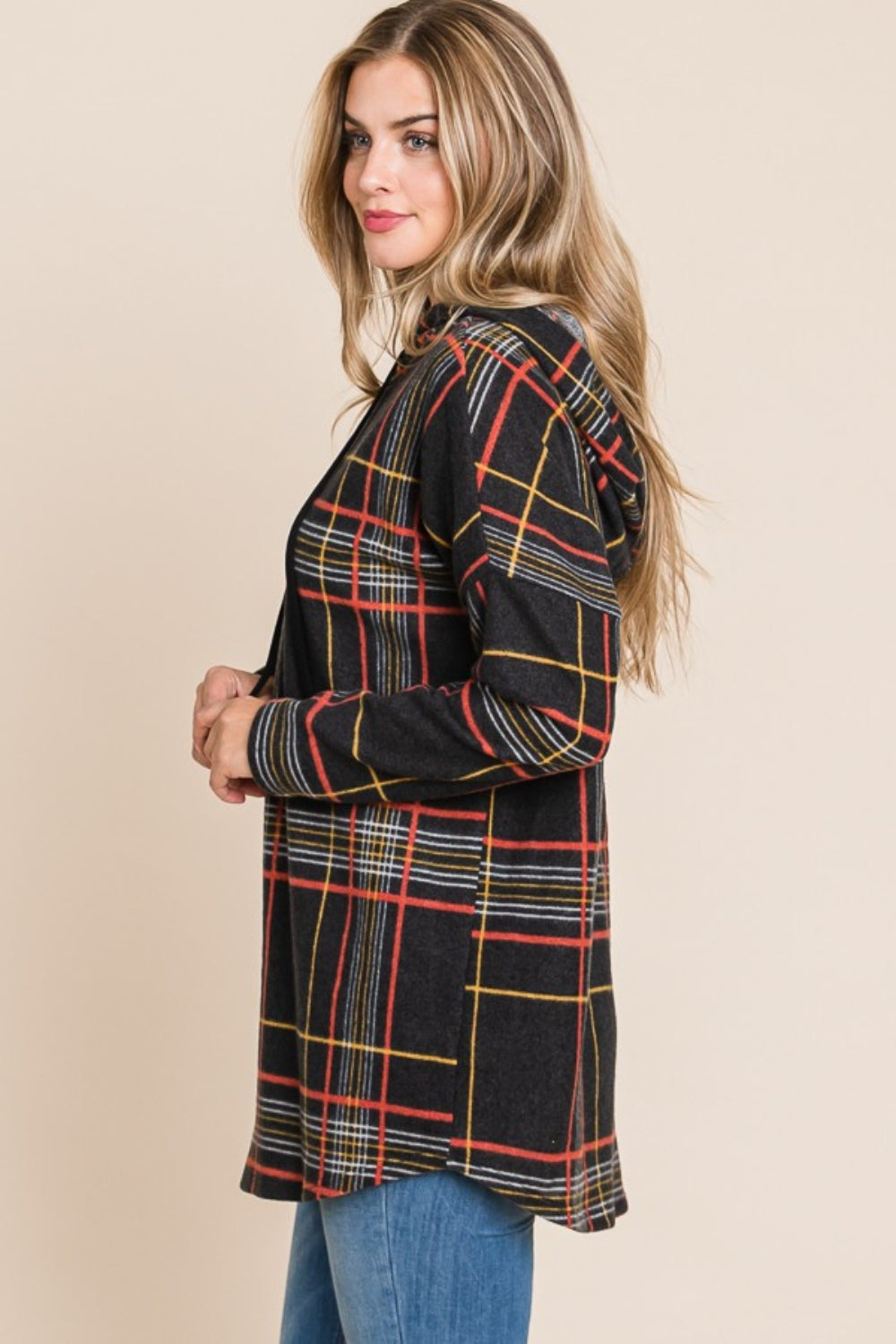 BOMBOM Drawstring Plaid Long Sleeve Hoodie-TOPS / DRESSES-[Adult]-[Female]-2022 Online Blue Zone Planet