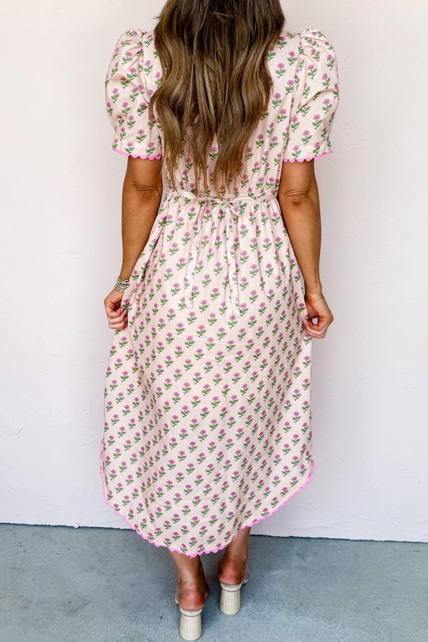 Pink Floral Print V Neck Scallop Trim Button Front Short Sleeve Long Dress-Dresses/Floral Dresses-[Adult]-[Female]-2022 Online Blue Zone Planet
